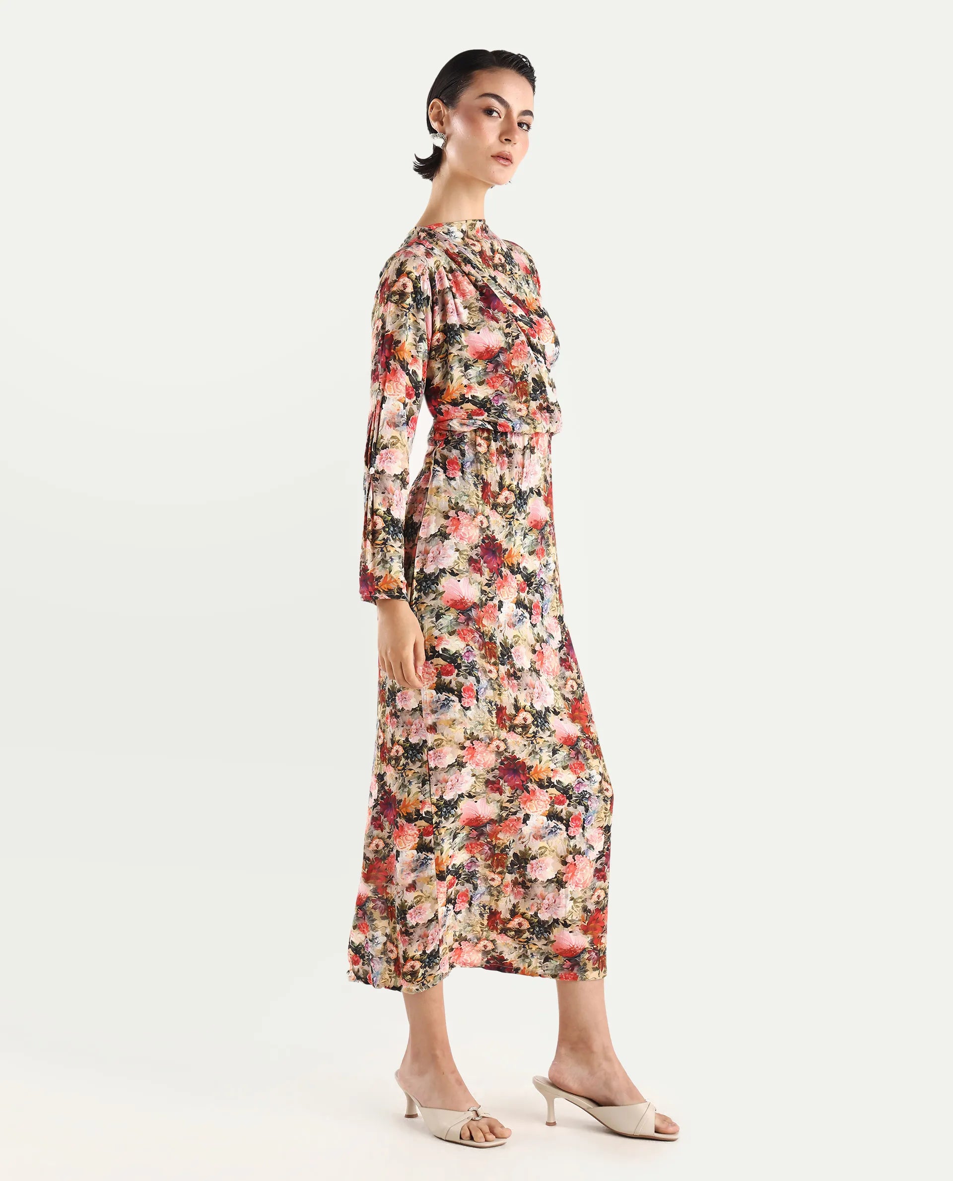 Rareism Women's Winza Dark Red Viscose Blend Cowl Neck Floral Print Midi Straight Fit Dress