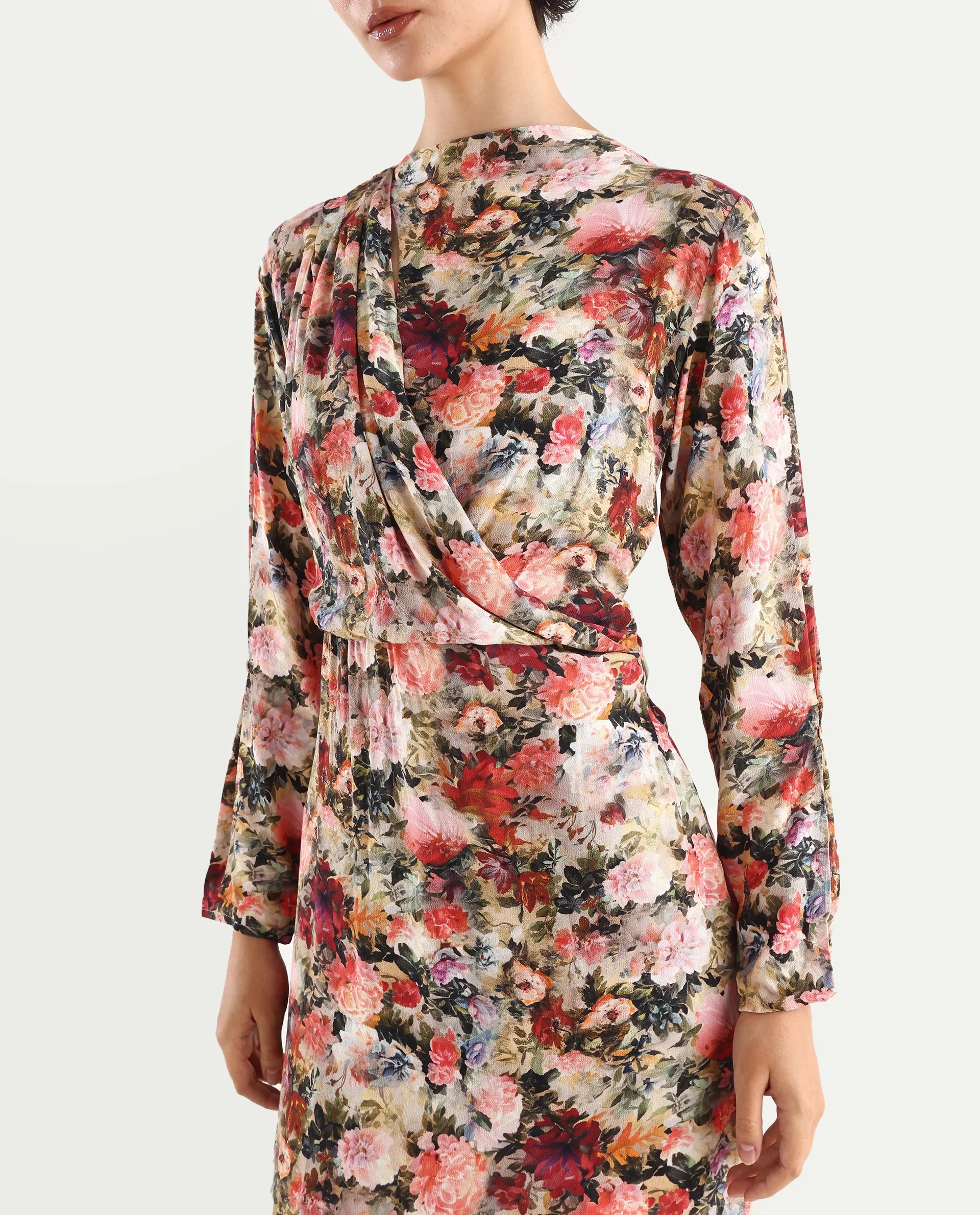 Rareism Women's Winza Dark Red Viscose Blend Cowl Neck Floral Print Midi Straight Fit Dress