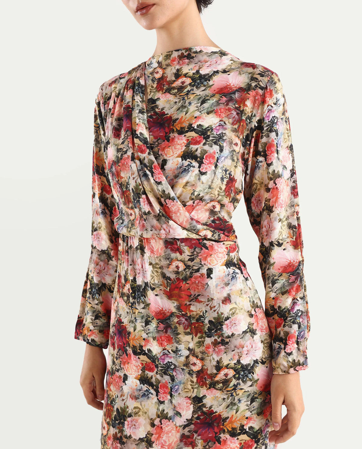 Rareism Women's Winza Dark Red Viscose Blend Cowl Neck Floral Print Midi Straight Fit Dress