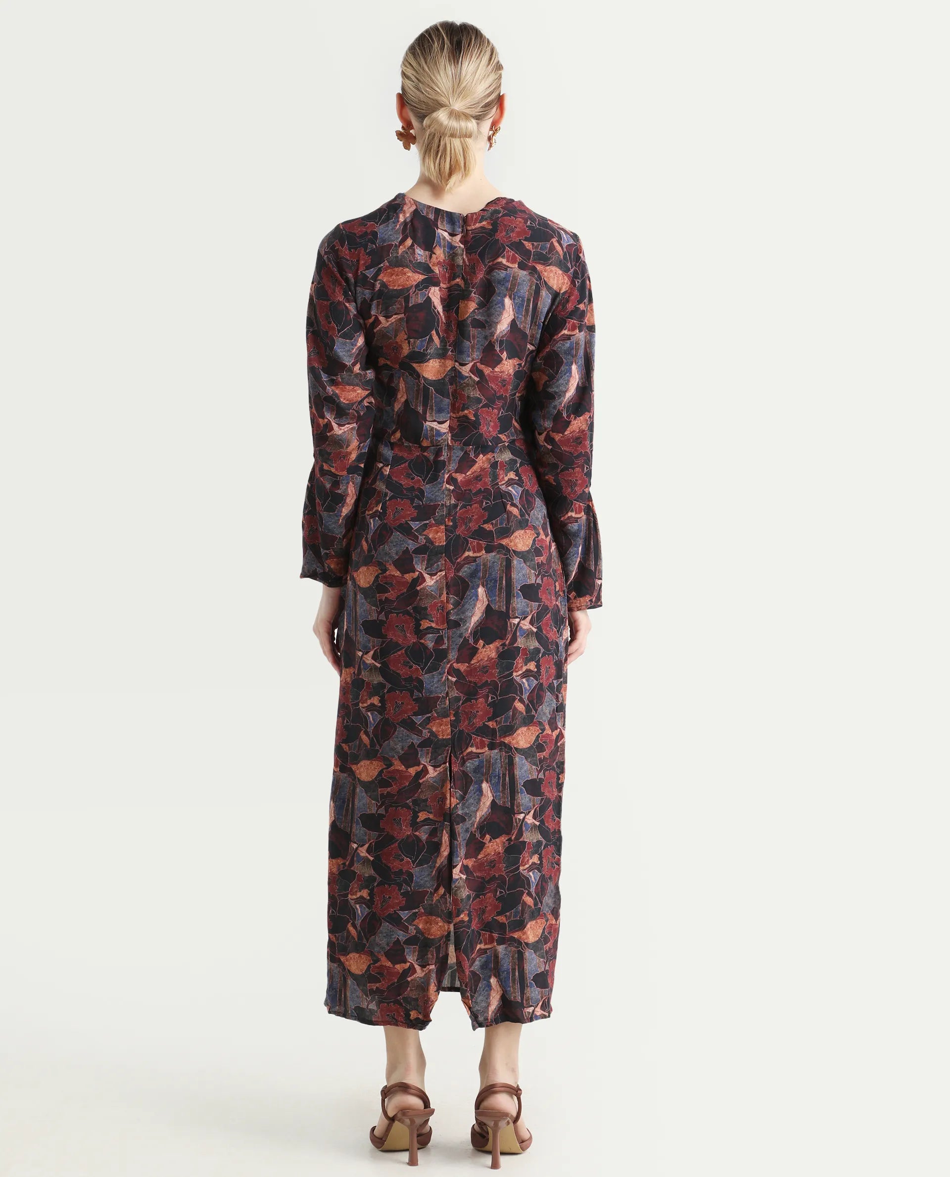 Rareism Women's Winzop Multi Viscose Blend Cowl Neck Floral Print Midi Straight Fit Dress