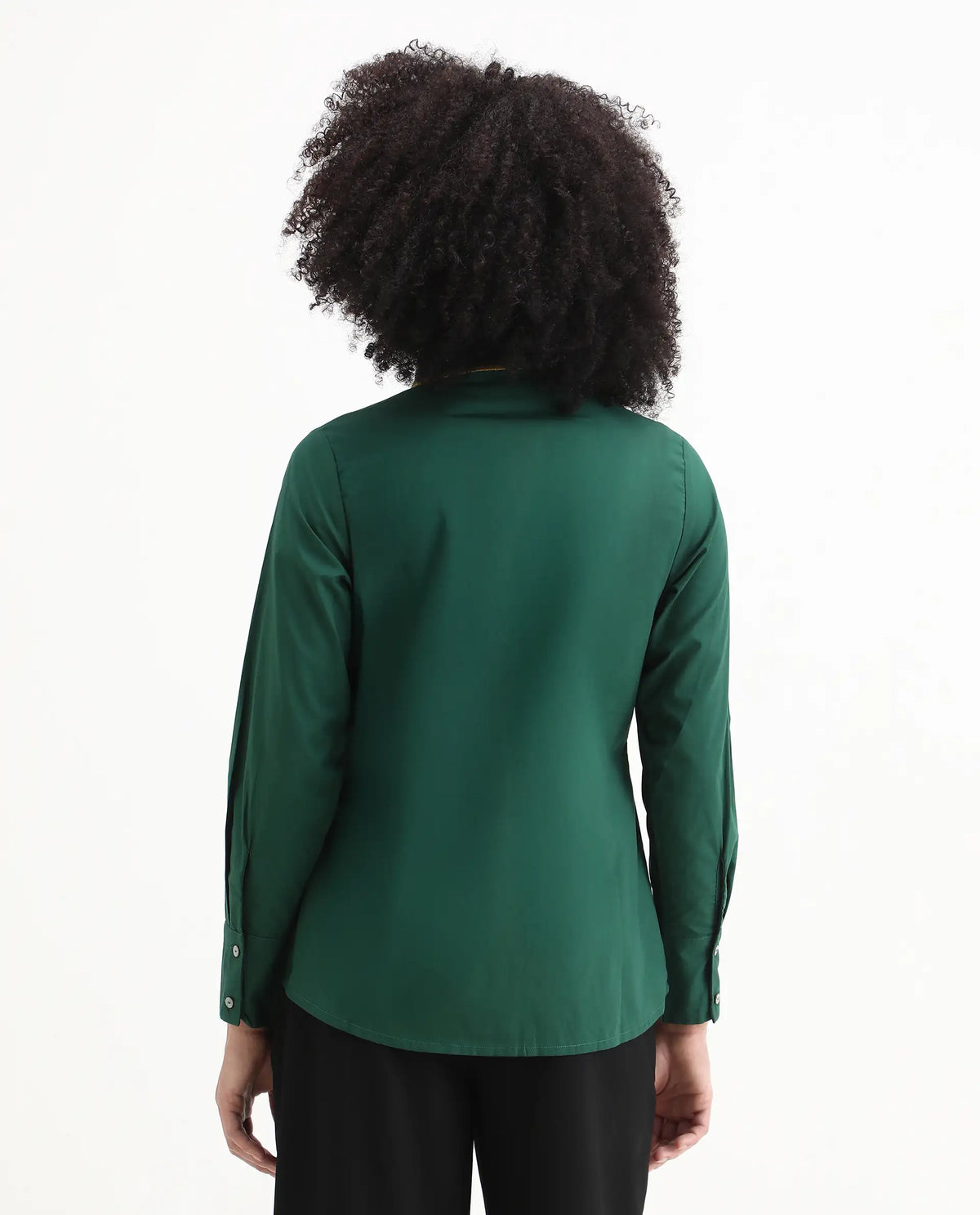 Rareism Women's Wonton Dark Green Cotton Ribbed Collar Plain Cuffed Sleeve Regular Fit Top
