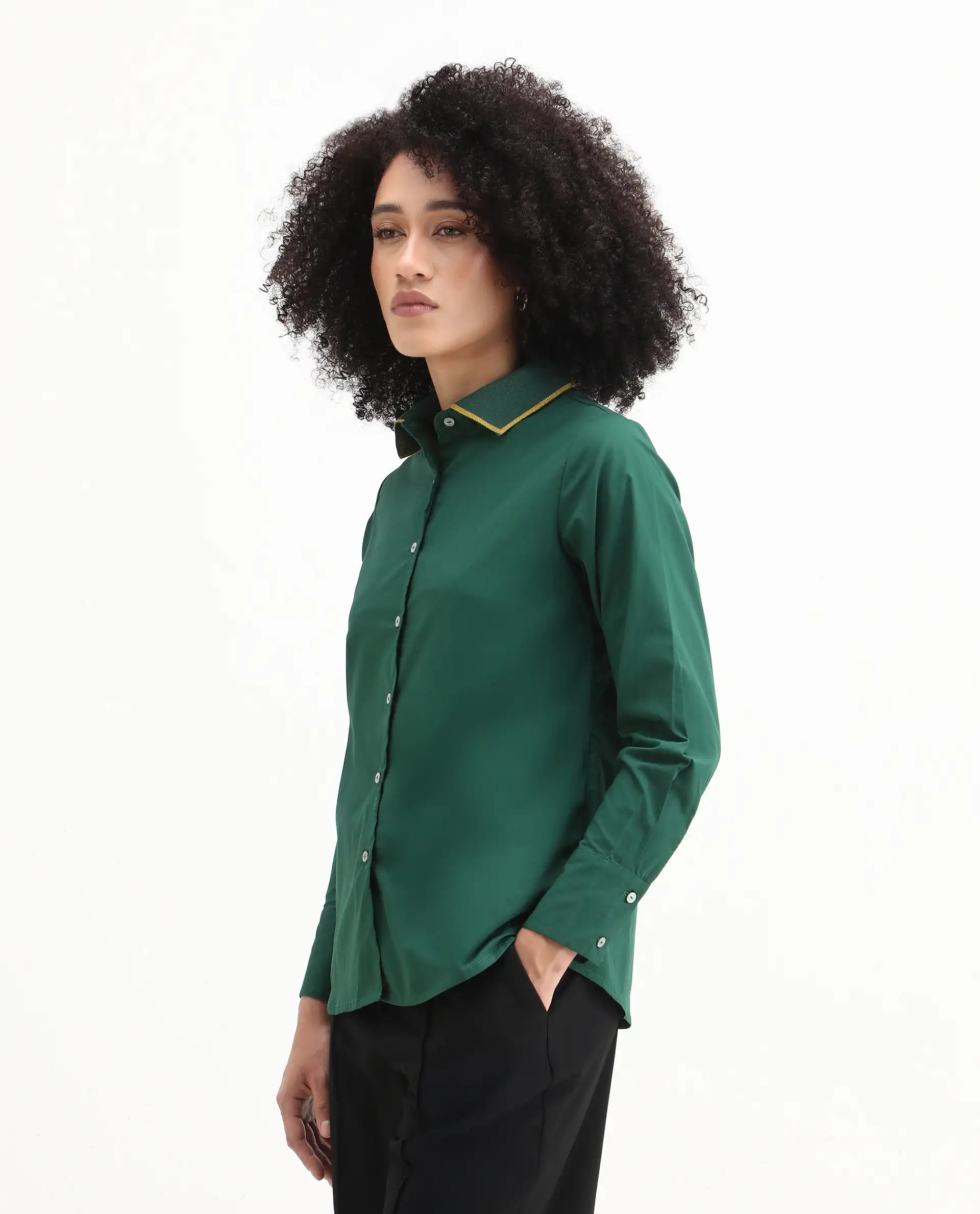 Rareism Women's Wonton Dark Green Cotton Ribbed Collar Plain Cuffed Sleeve Regular Fit Top