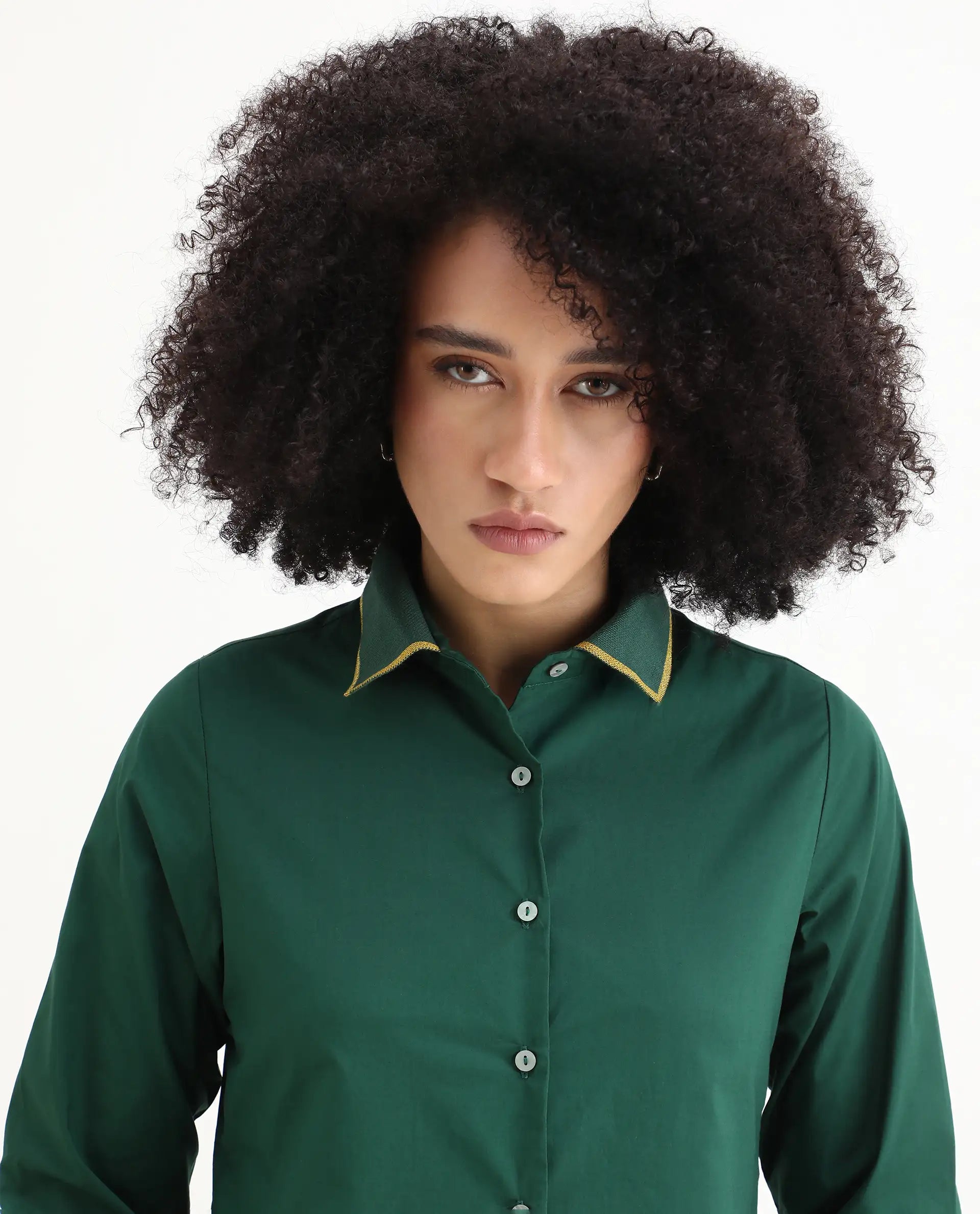 Rareism Women's Wonton Dark Green Cotton Ribbed Collar Plain Cuffed Sleeve Regular Fit Top