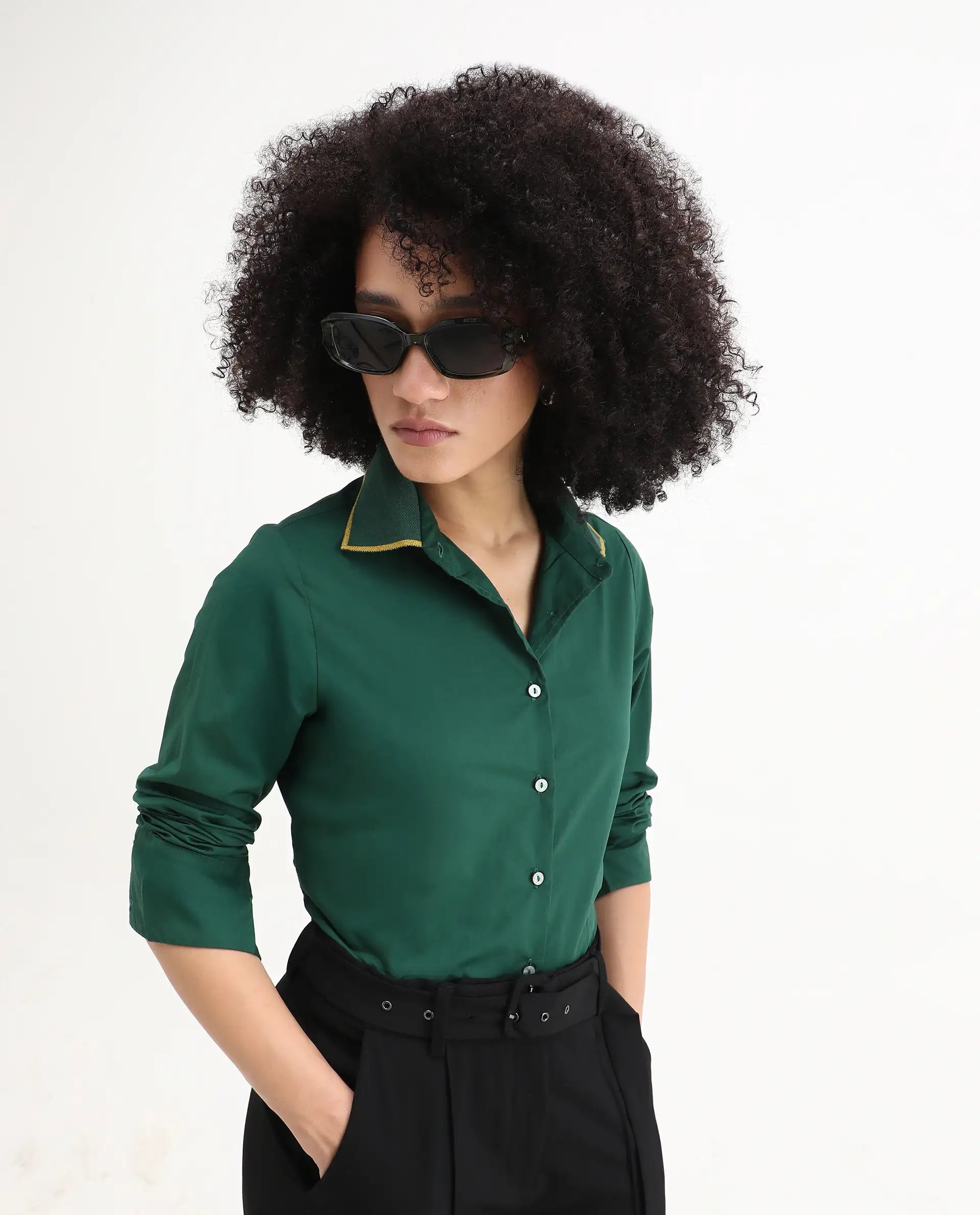 Rareism Women's Wonton Dark Green Cotton Ribbed Collar Plain Cuffed Sleeve Regular Fit Top