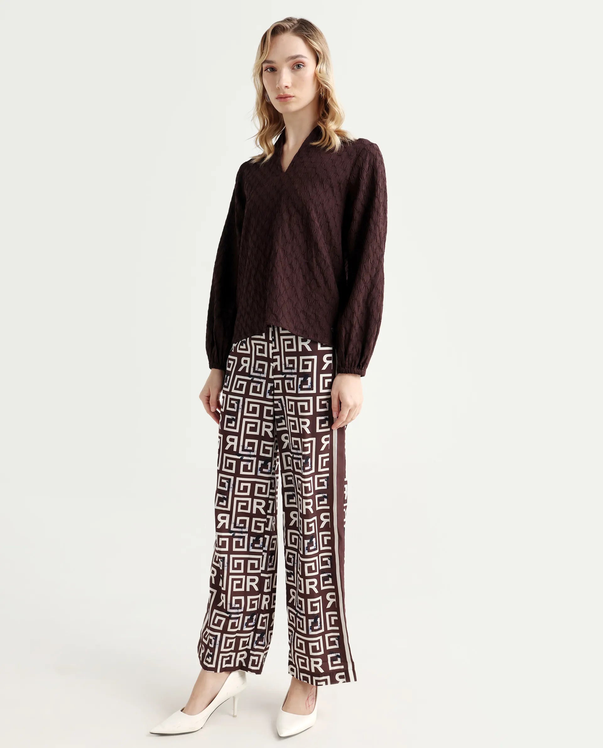 Rareism Women's Wood Brown Polyester Geometric Print Ankle Length Regular Fit Trouser