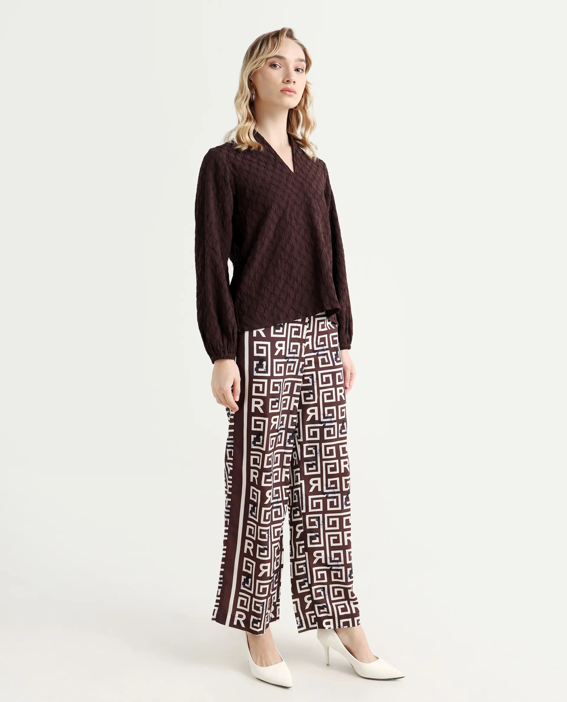Rareism Women's Wood Brown Polyester Geometric Print Ankle Length Regular Fit Trouser