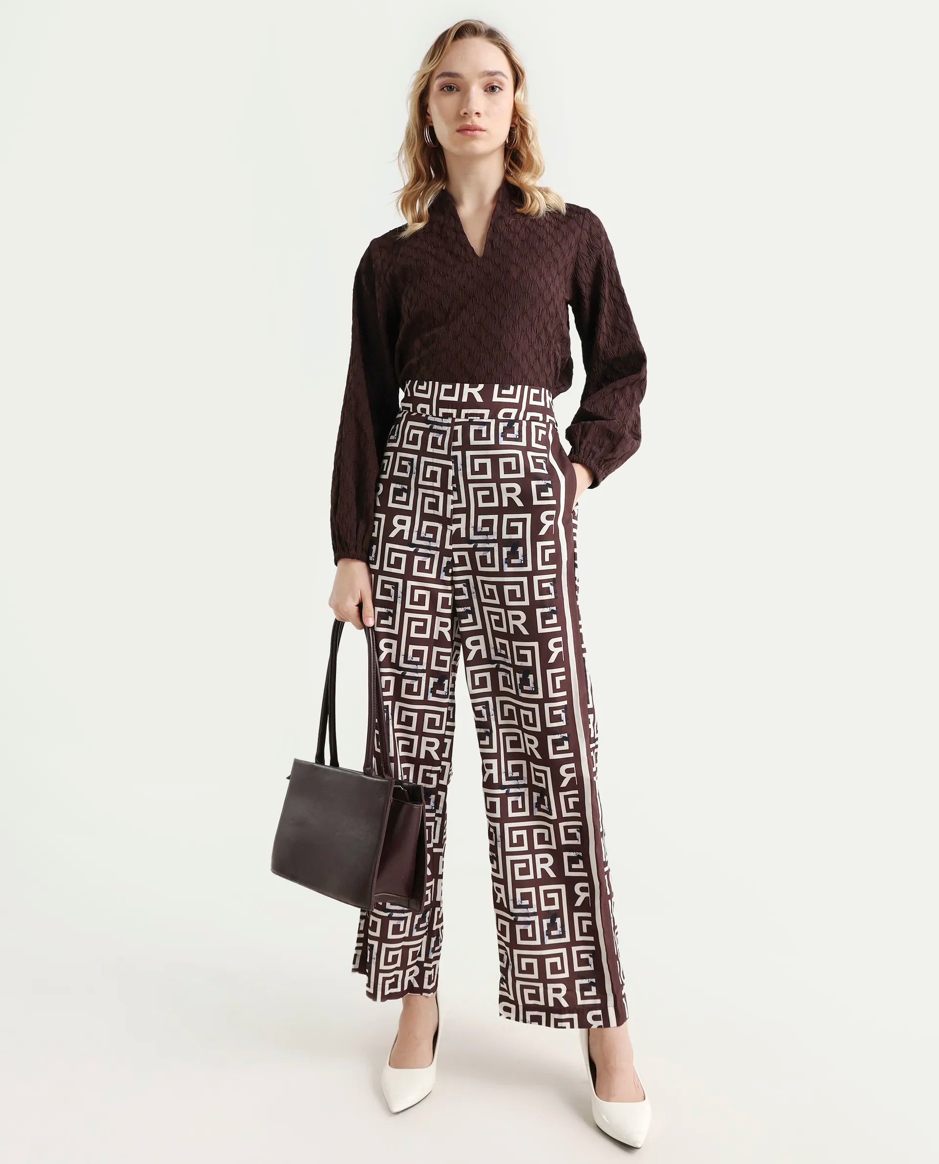 Rareism Women's Wood Brown Polyester Geometric Print Ankle Length Regular Fit Trouser