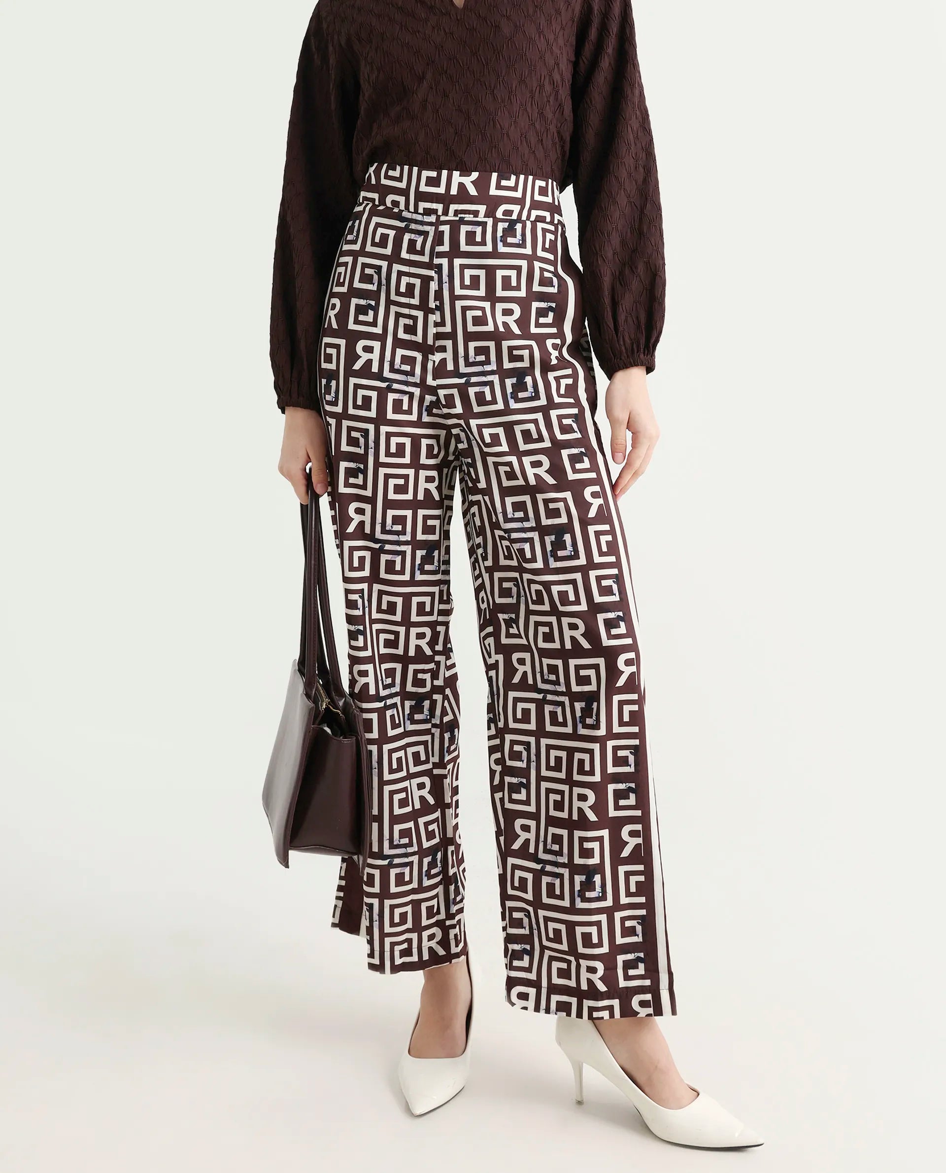 Rareism Women's Wood Brown Polyester Geometric Print Ankle Length Regular Fit Trouser