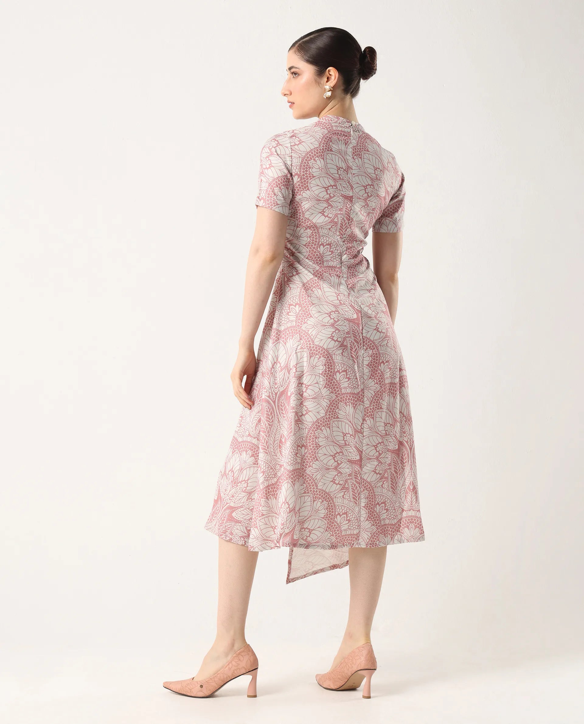 Rareism Women's Xem Multi Satin High Neck Paisley Print Midi Straight Fit Dress