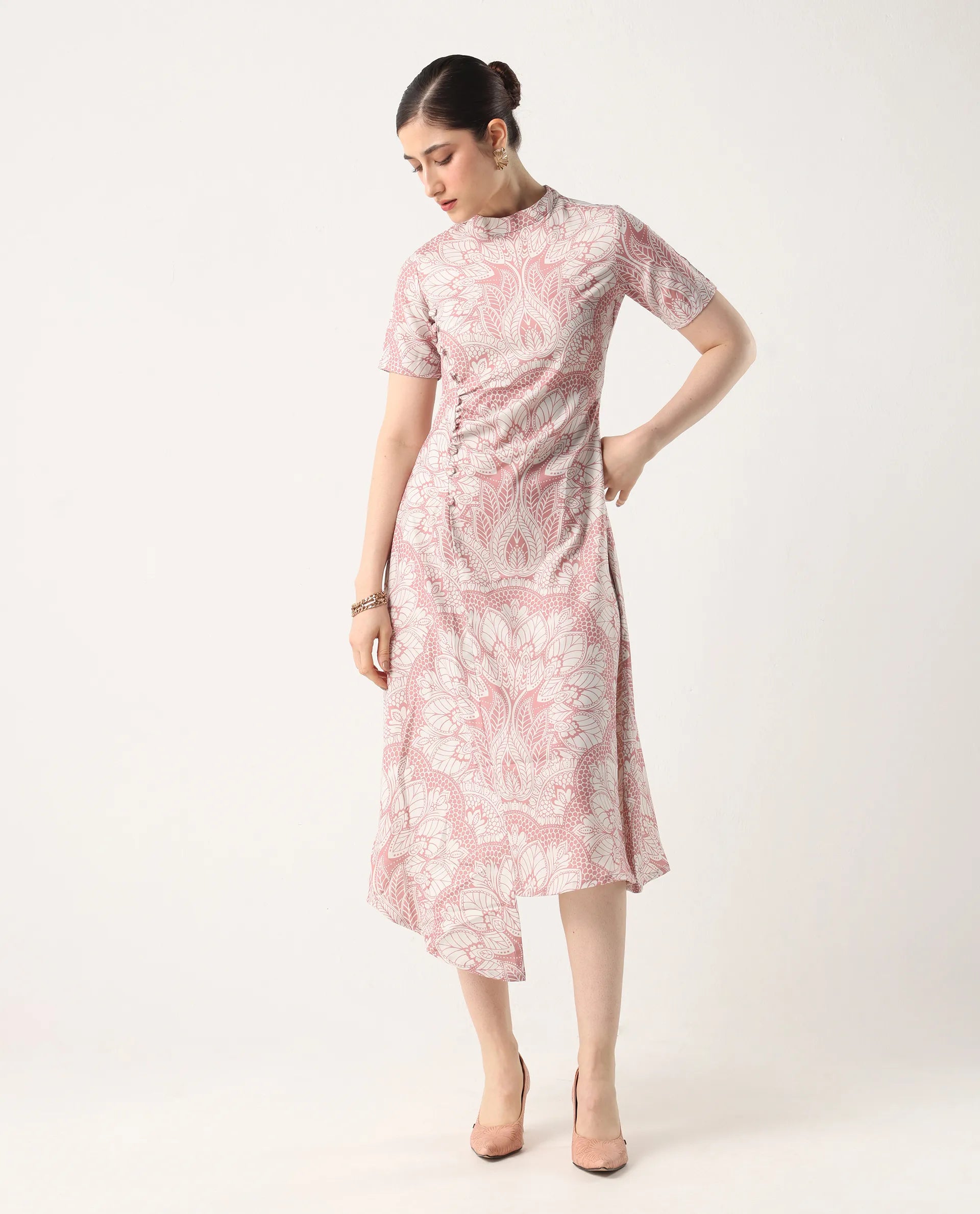 Rareism Women's Xem Multi Satin High Neck Paisley Print Midi Straight Fit Dress