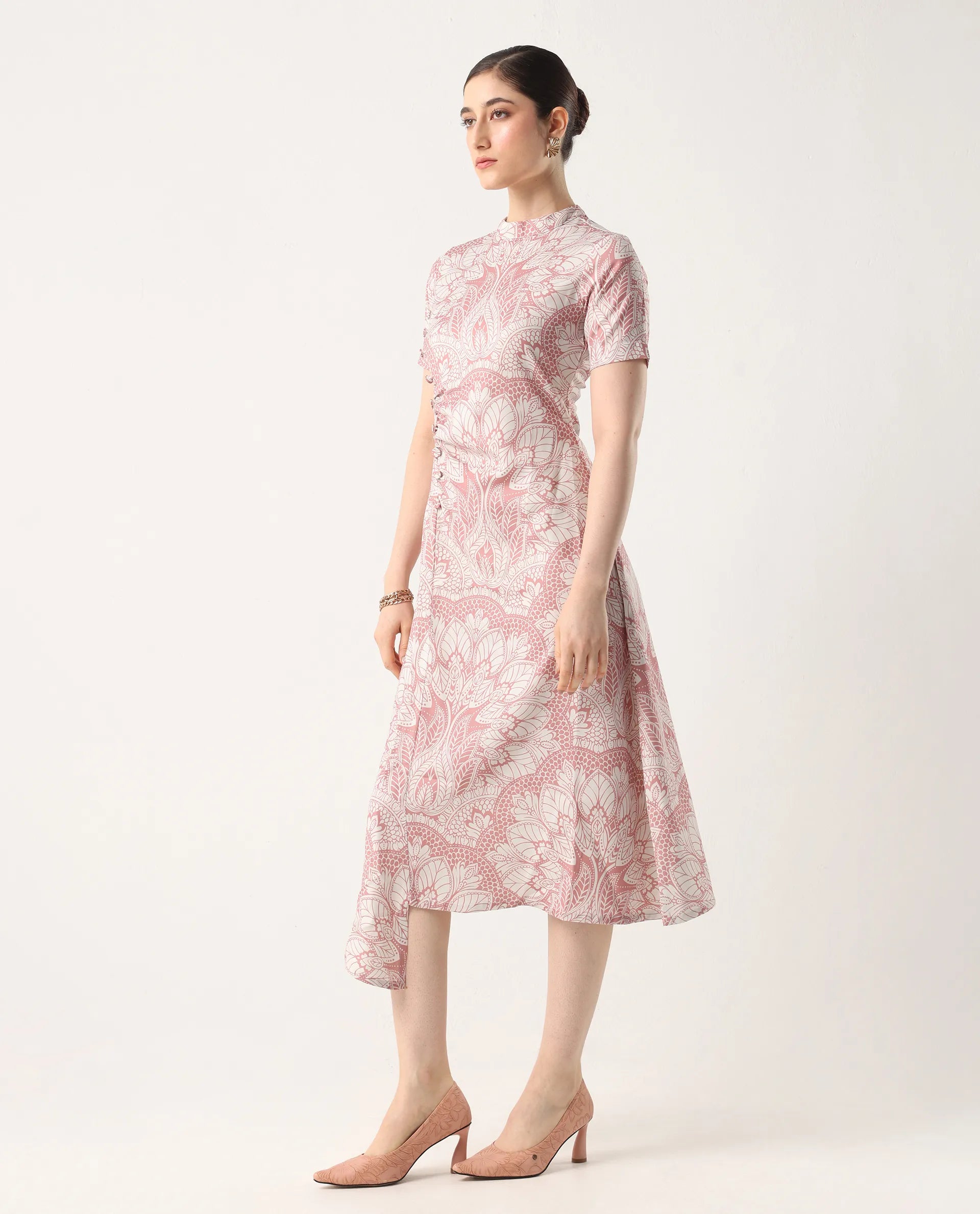 Rareism Women's Xem Multi Satin High Neck Paisley Print Midi Straight Fit Dress