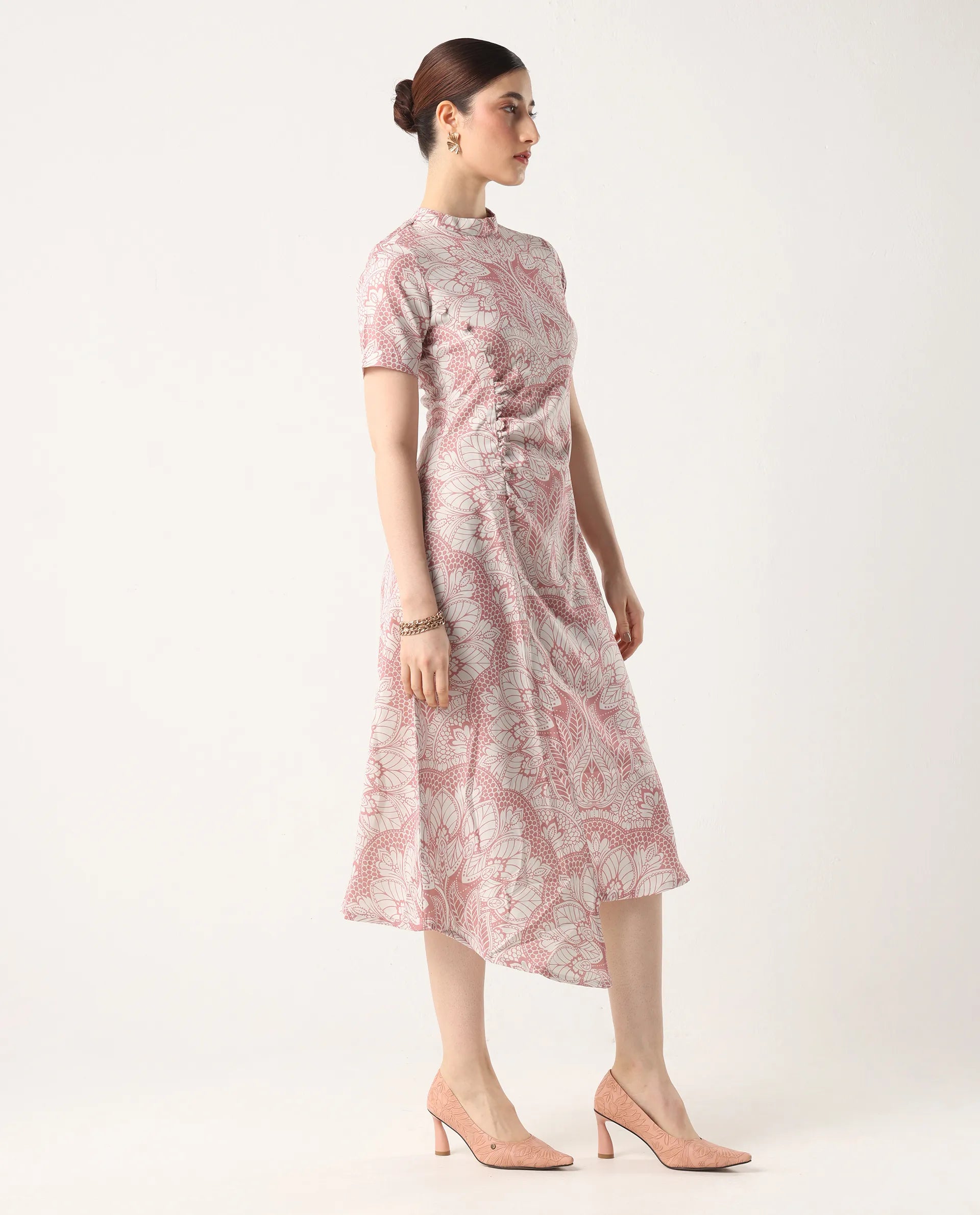 Rareism Women's Xem Multi Satin High Neck Paisley Print Midi Straight Fit Dress
