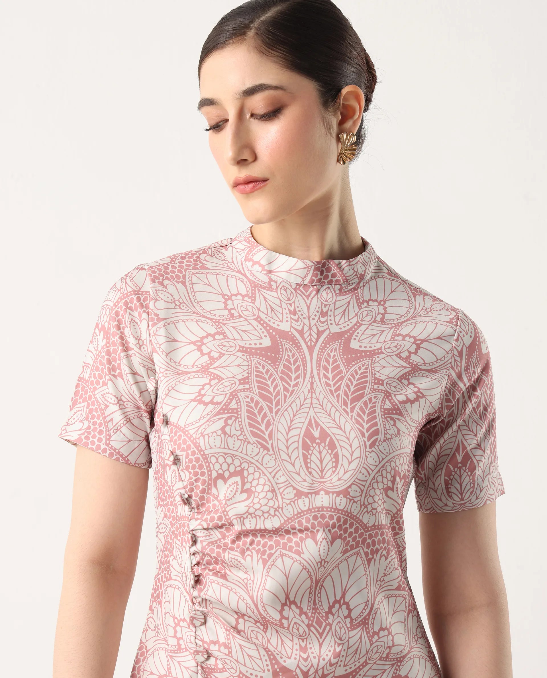 Rareism Women's Xem Multi Satin High Neck Paisley Print Midi Straight Fit Dress