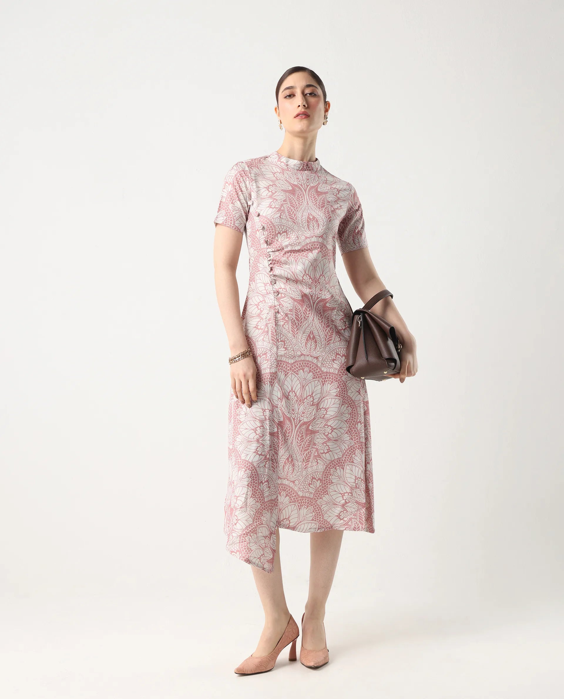 Rareism Women's Xem Multi Satin High Neck Paisley Print Midi Straight Fit Dress