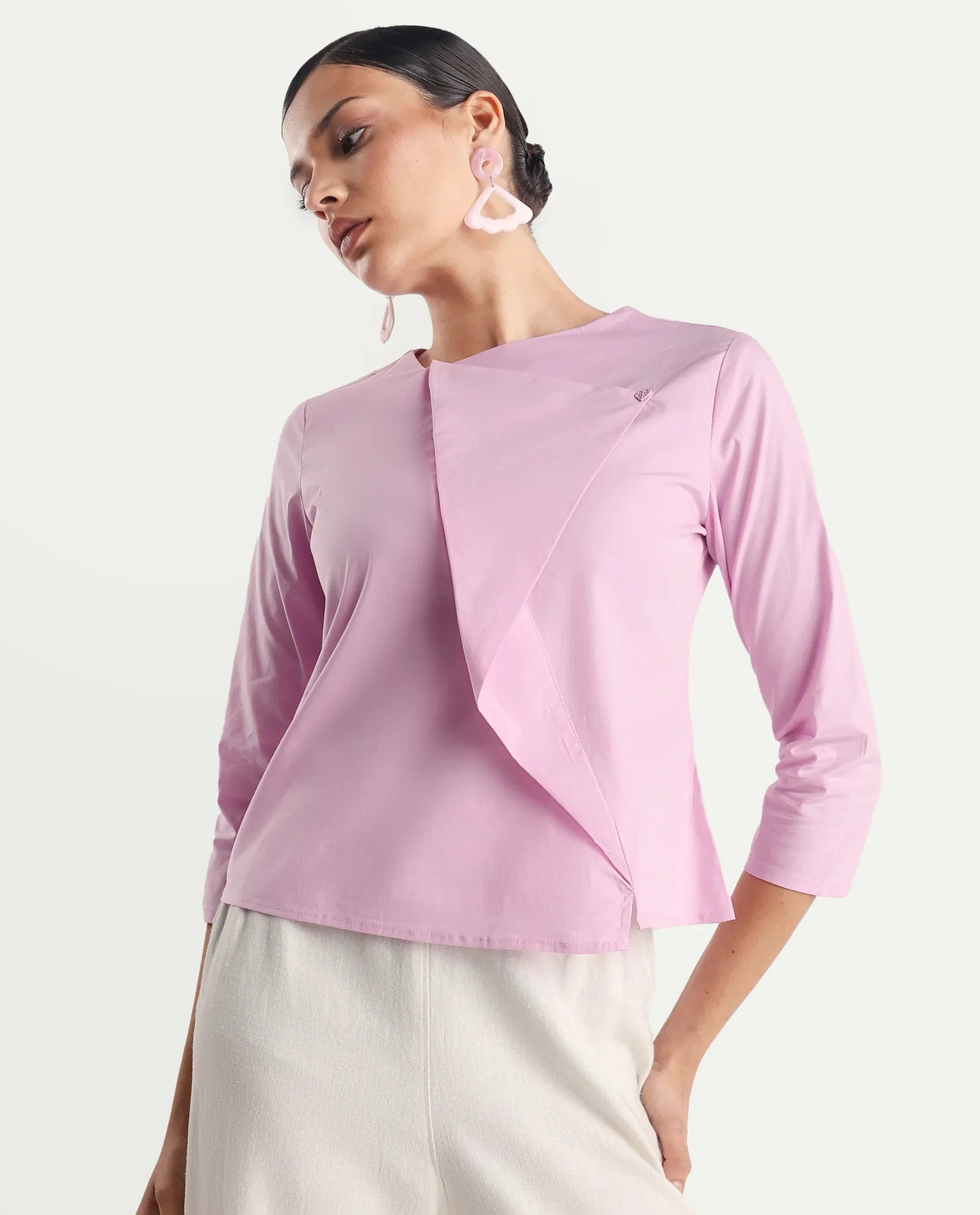 Rareism Women's Xew Light Pink Cotton Blend Asymmetric Neck Plain Regular Fit Top