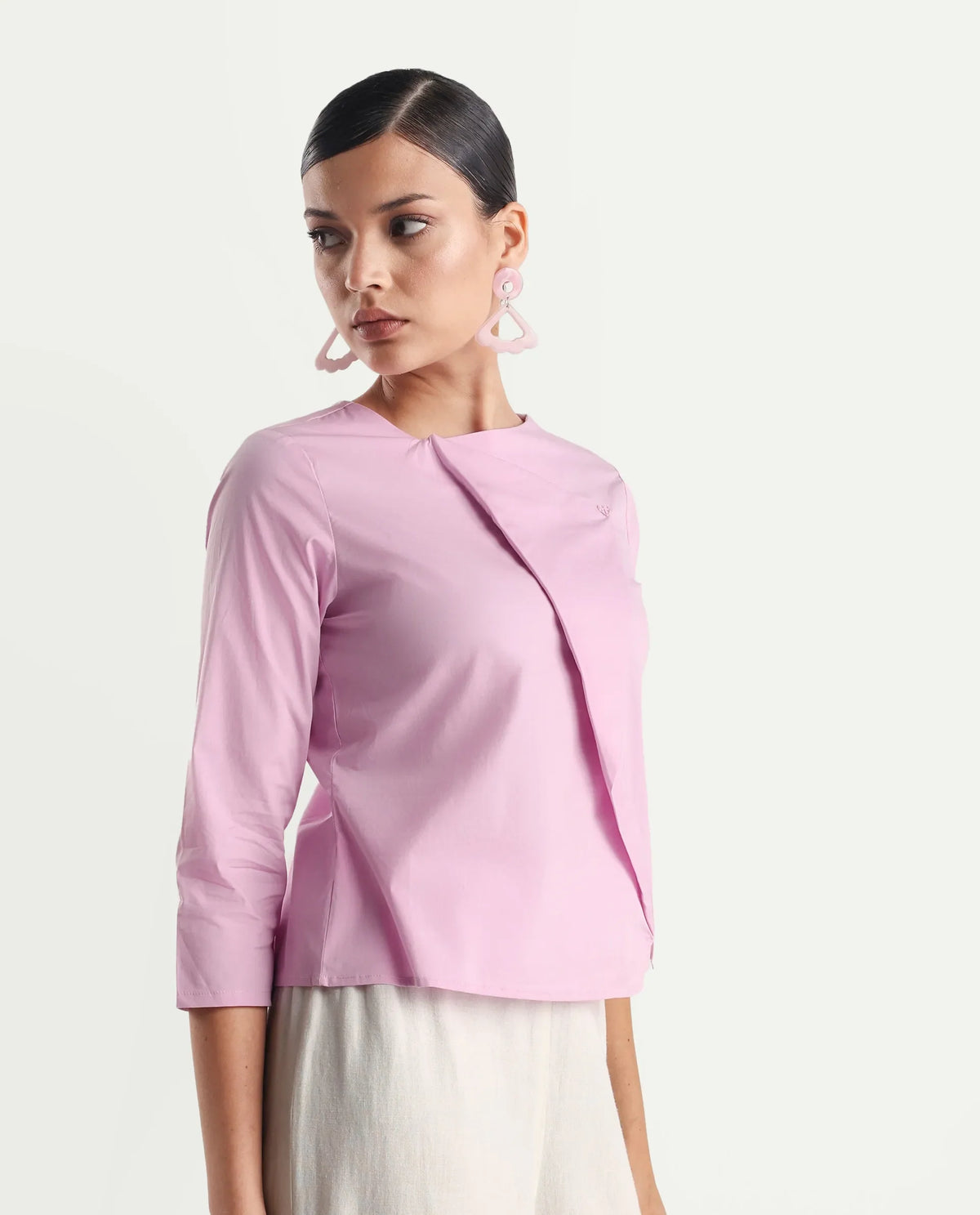 Rareism Women's Xew Light Pink Cotton Blend Asymmetric Neck Plain Regular Fit Top