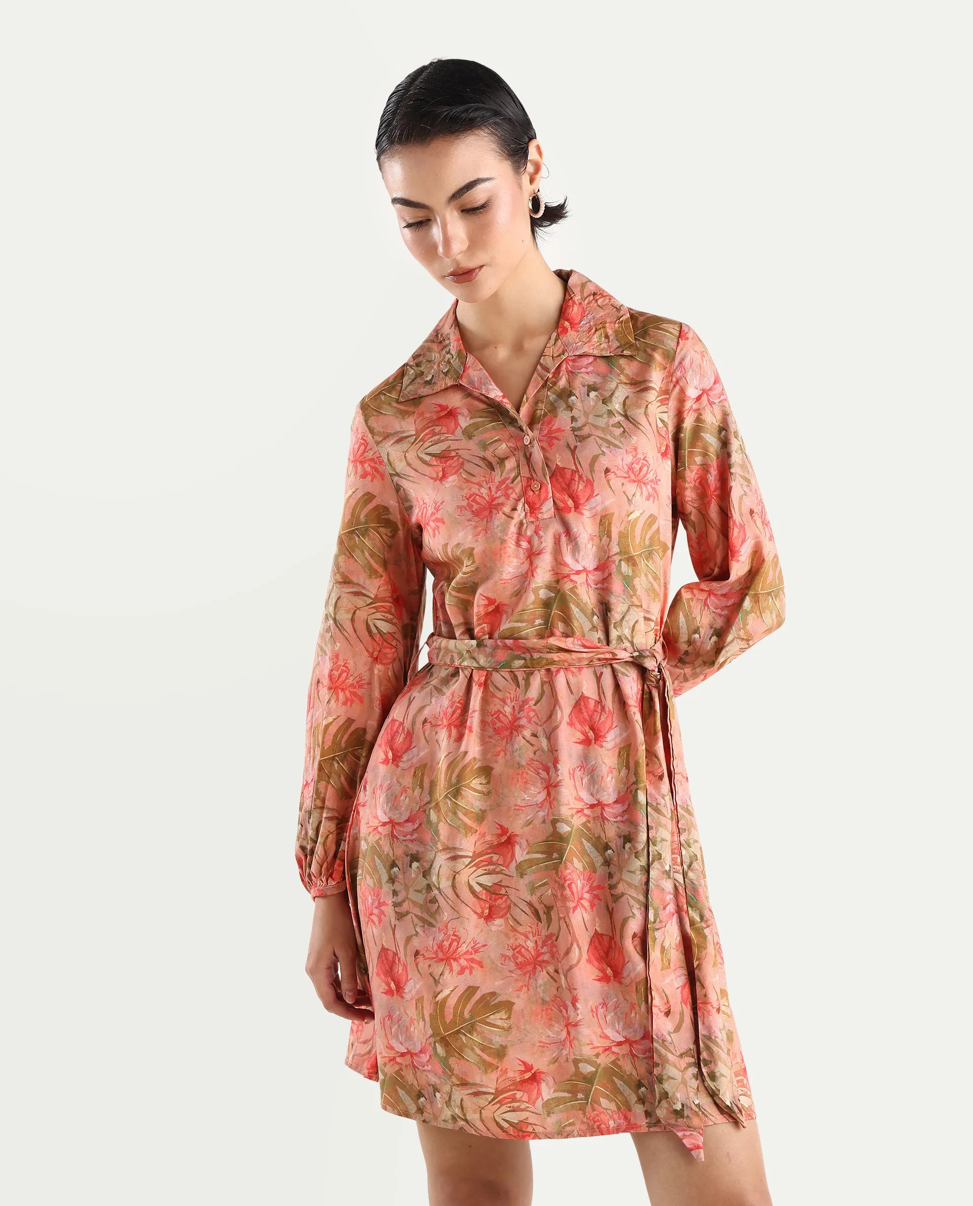 Rareism Women's Youat Multi Viscose Spread Collar Floral Print Bishop Sleeve Mini Fit And Flare Dress