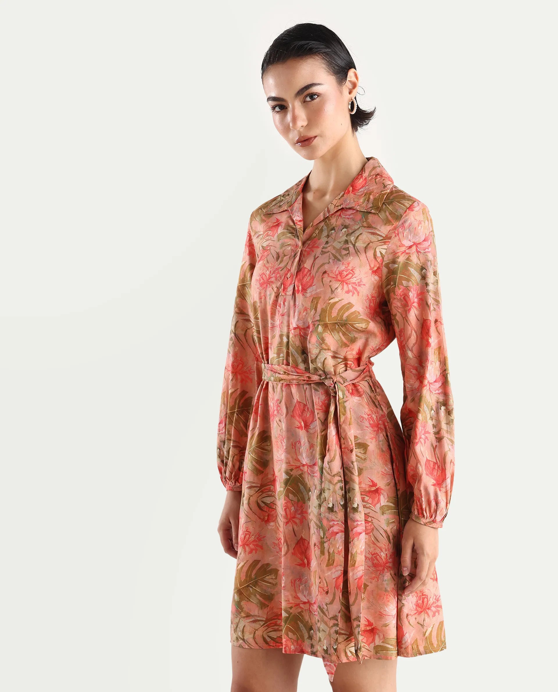 Rareism Women's Youat Multi Viscose Spread Collar Floral Print Bishop Sleeve Mini Fit And Flare Dress