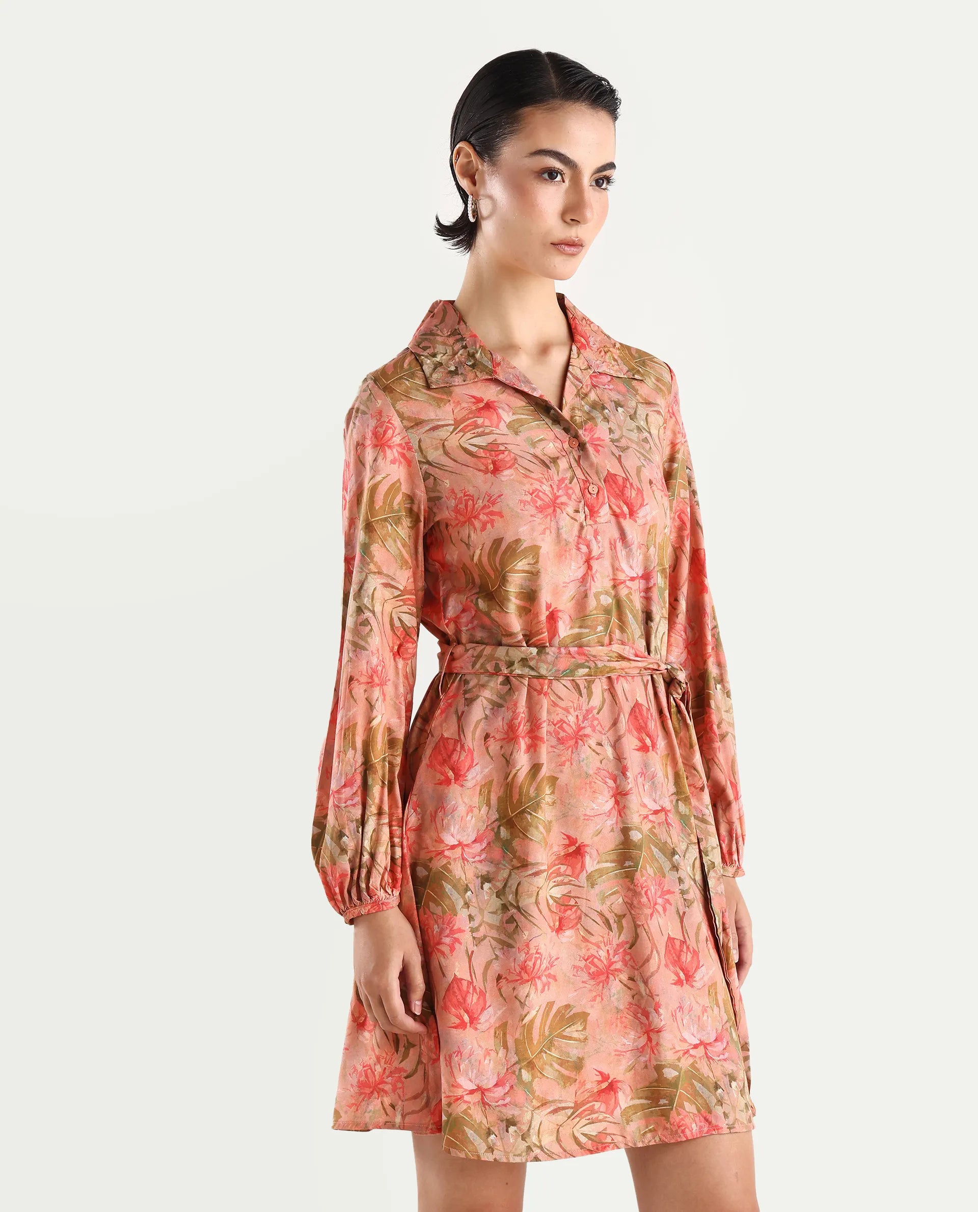 Rareism Women's Youat Multi Viscose Spread Collar Floral Print Bishop Sleeve Mini Fit And Flare Dress