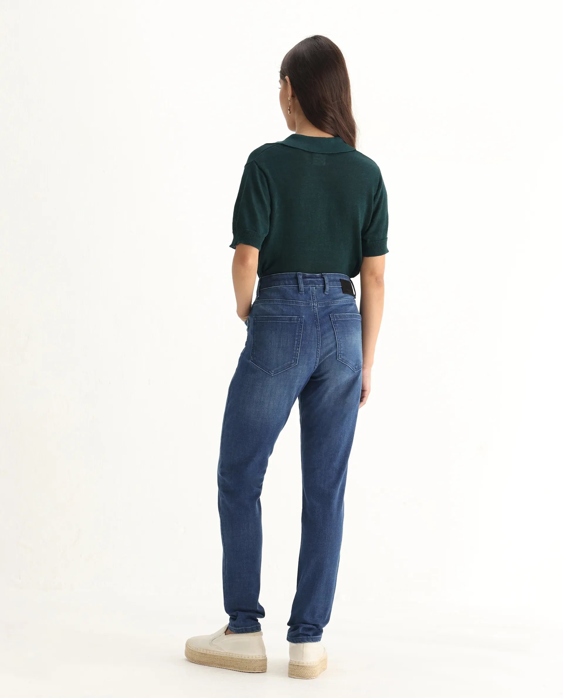 Rareism Women's Zaisho Blue Cotton Blend Plain Ankle Length Sleek Skinny Fit Jeans