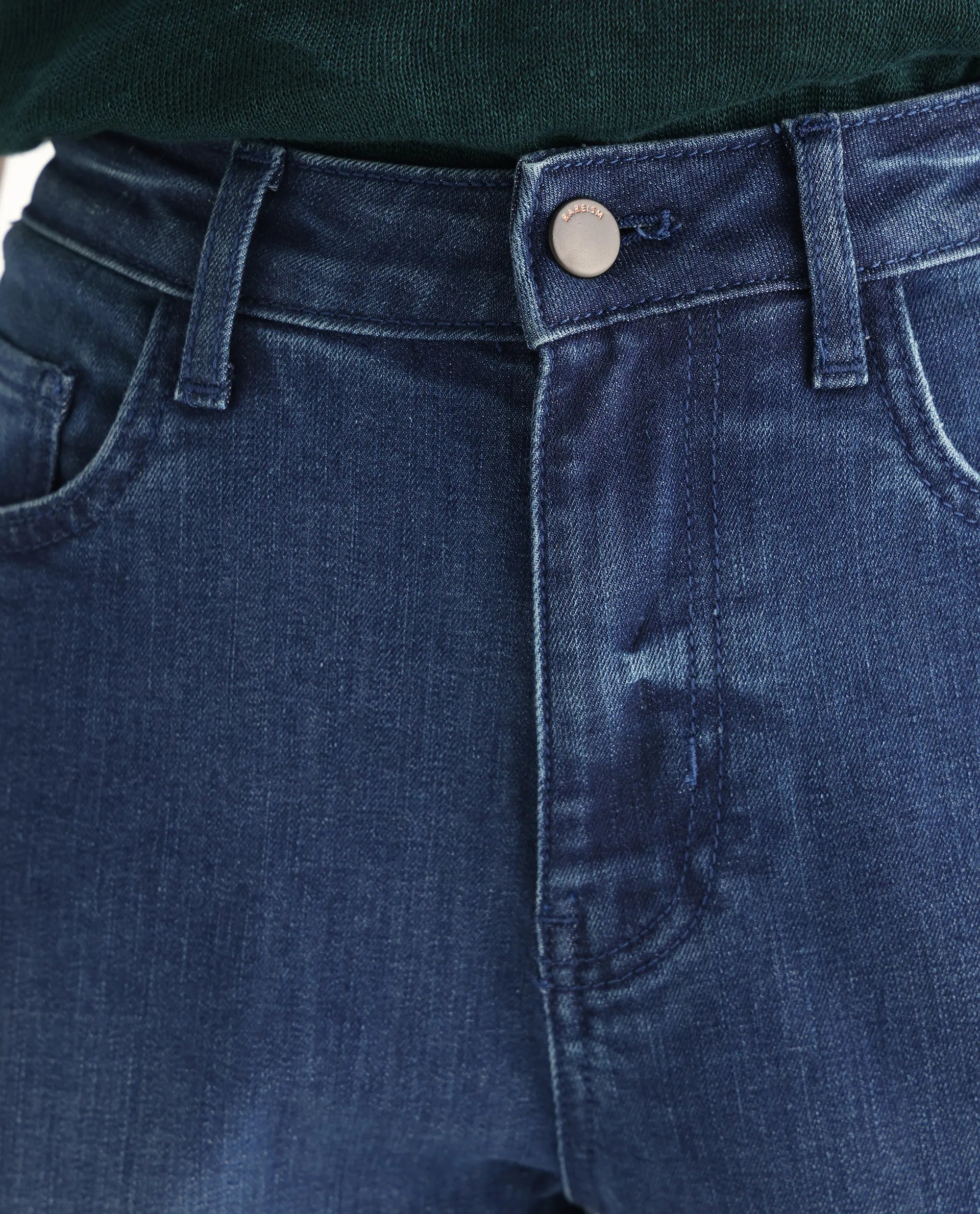 Rareism Women's Zaisho Blue Cotton Blend Plain Ankle Length Sleek Skinny Fit Jeans