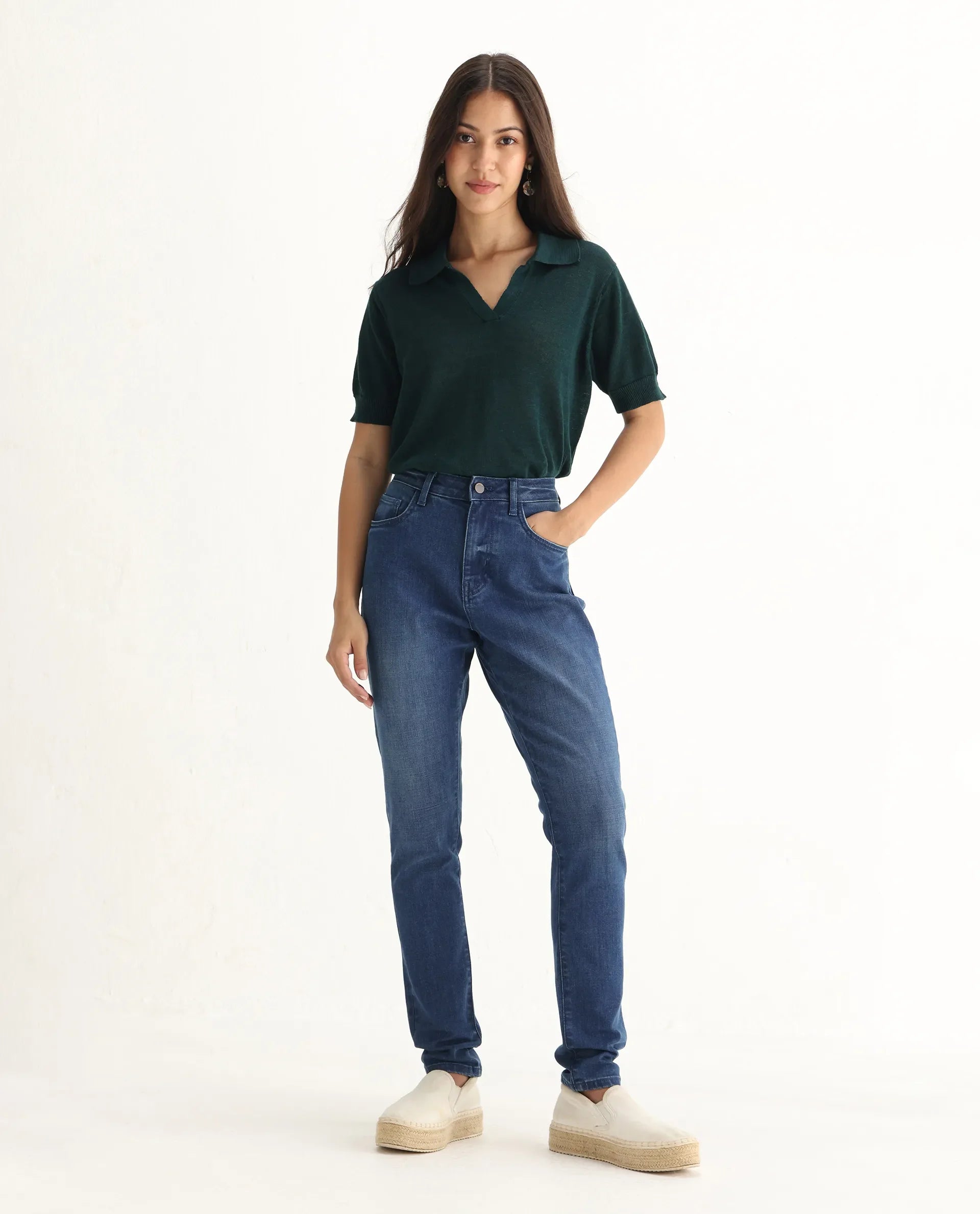 Rareism Women's Zaisho Blue Cotton Blend Plain Ankle Length Sleek Skinny Fit Jeans