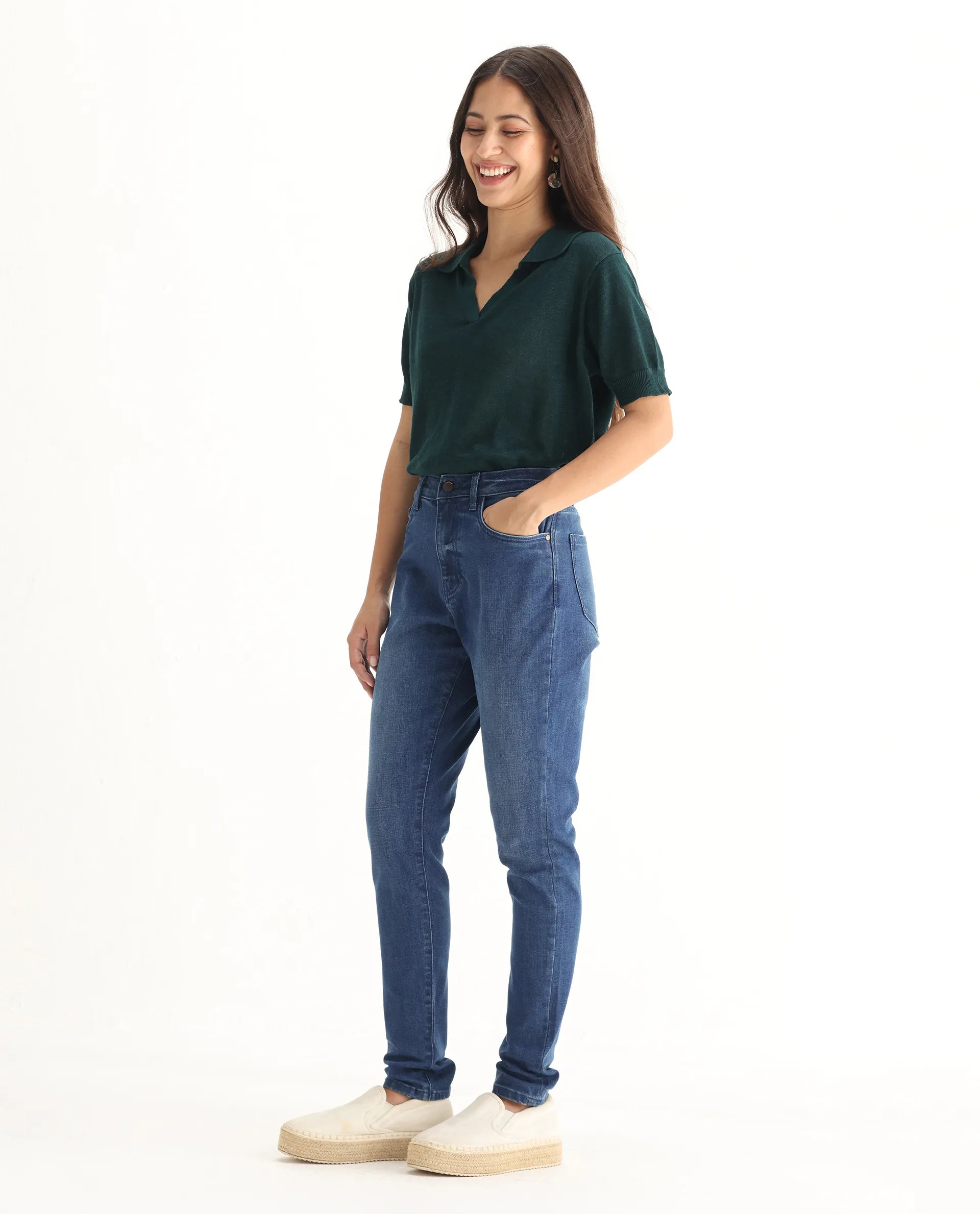 Rareism Women's Zaisho Blue Cotton Blend Plain Ankle Length Sleek Skinny Fit Jeans