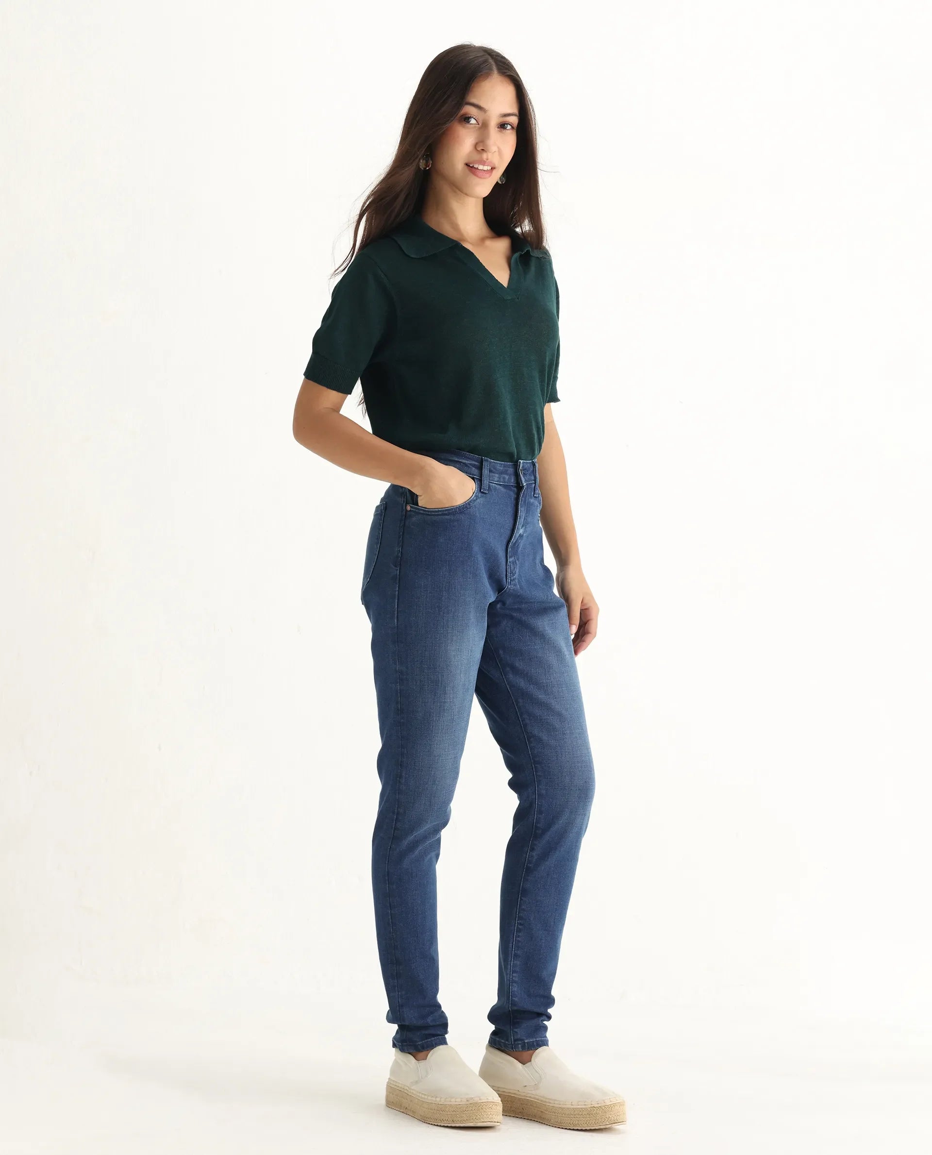 Rareism Women's Zaisho Blue Cotton Blend Plain Ankle Length Sleek Skinny Fit Jeans