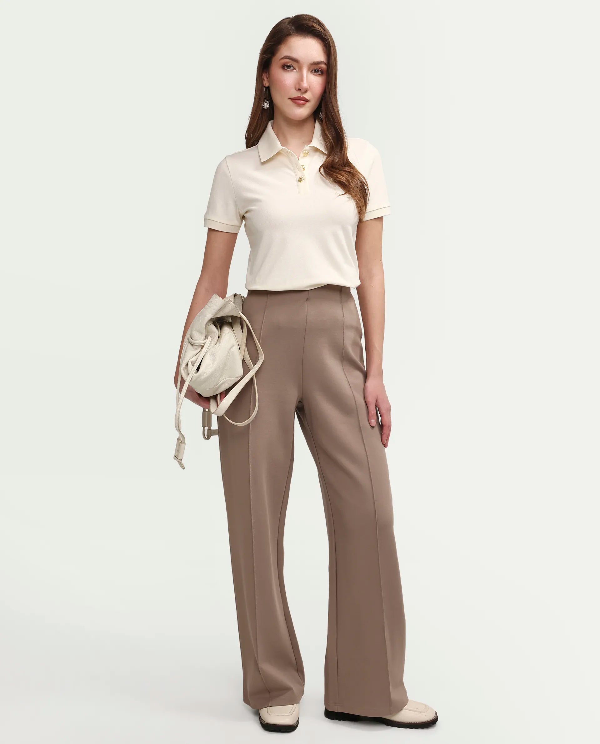 Rareism Women's Zana Off White Cotton Lycra Half Sleeve Regular Fit Plain Polo