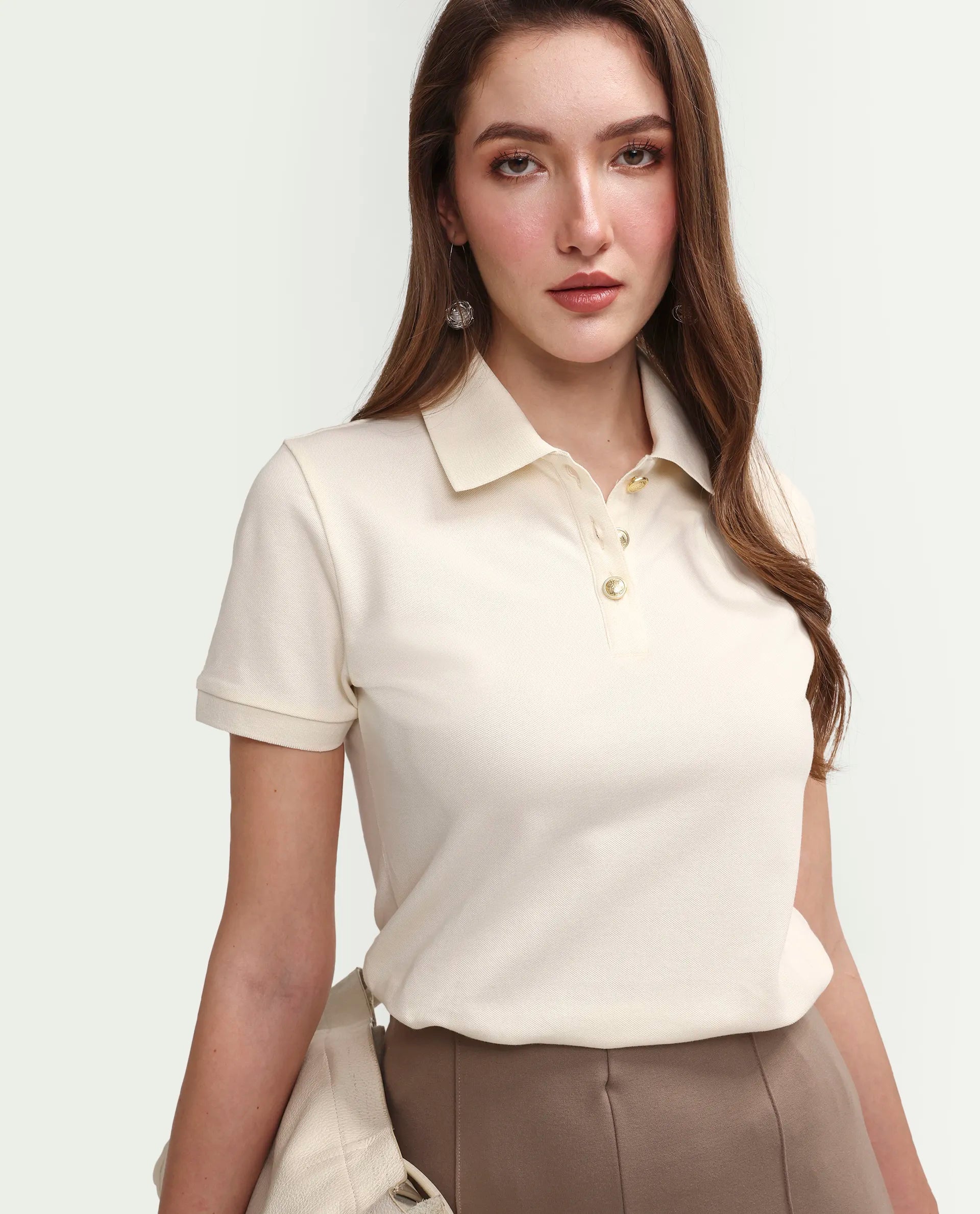 Rareism Women's Zana Off White Cotton Lycra Half Sleeve Regular Fit Plain Polo