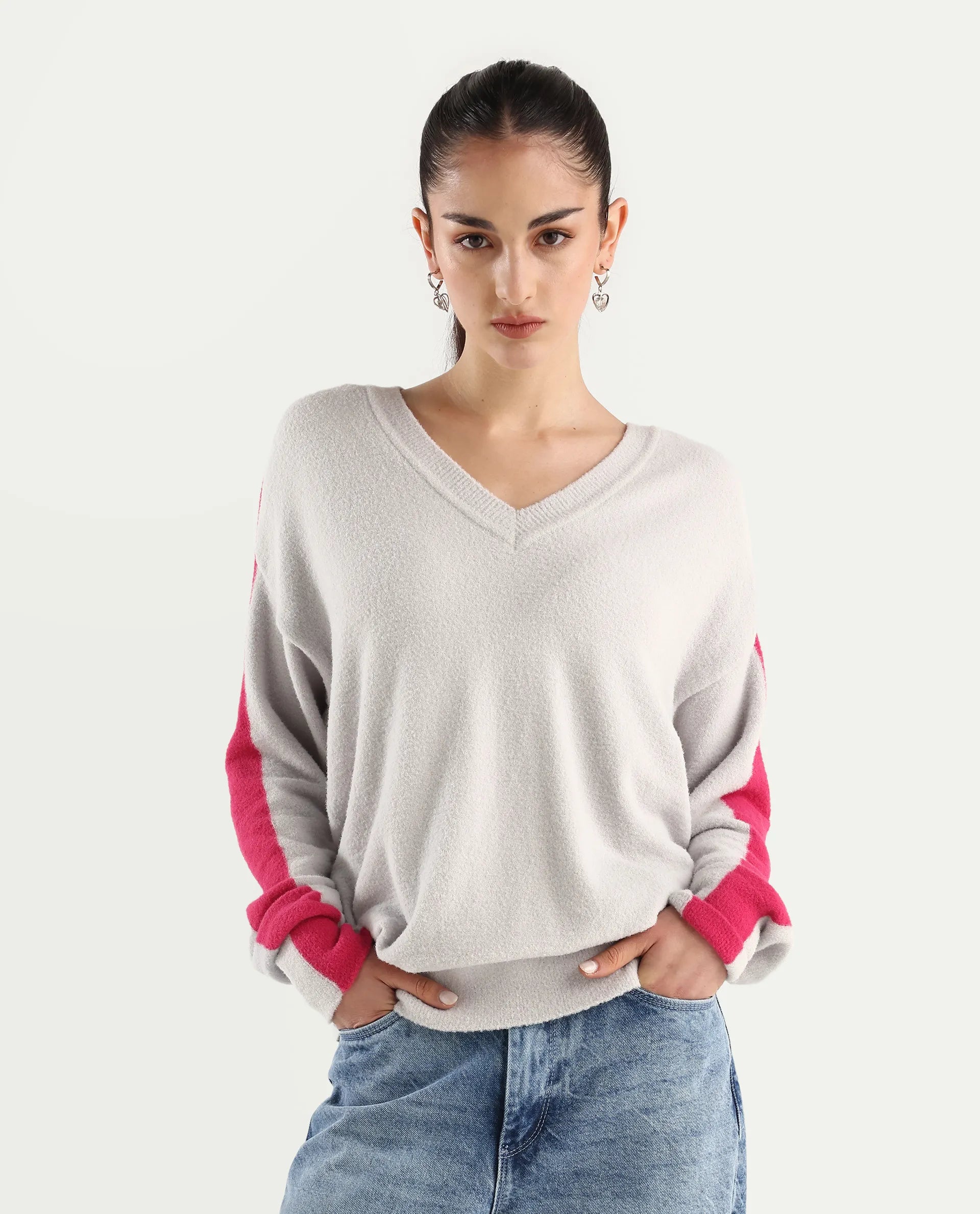 Rareism Women's Zander Light Grey Nylon V-Neck Relaxed Fit Plain Sweater