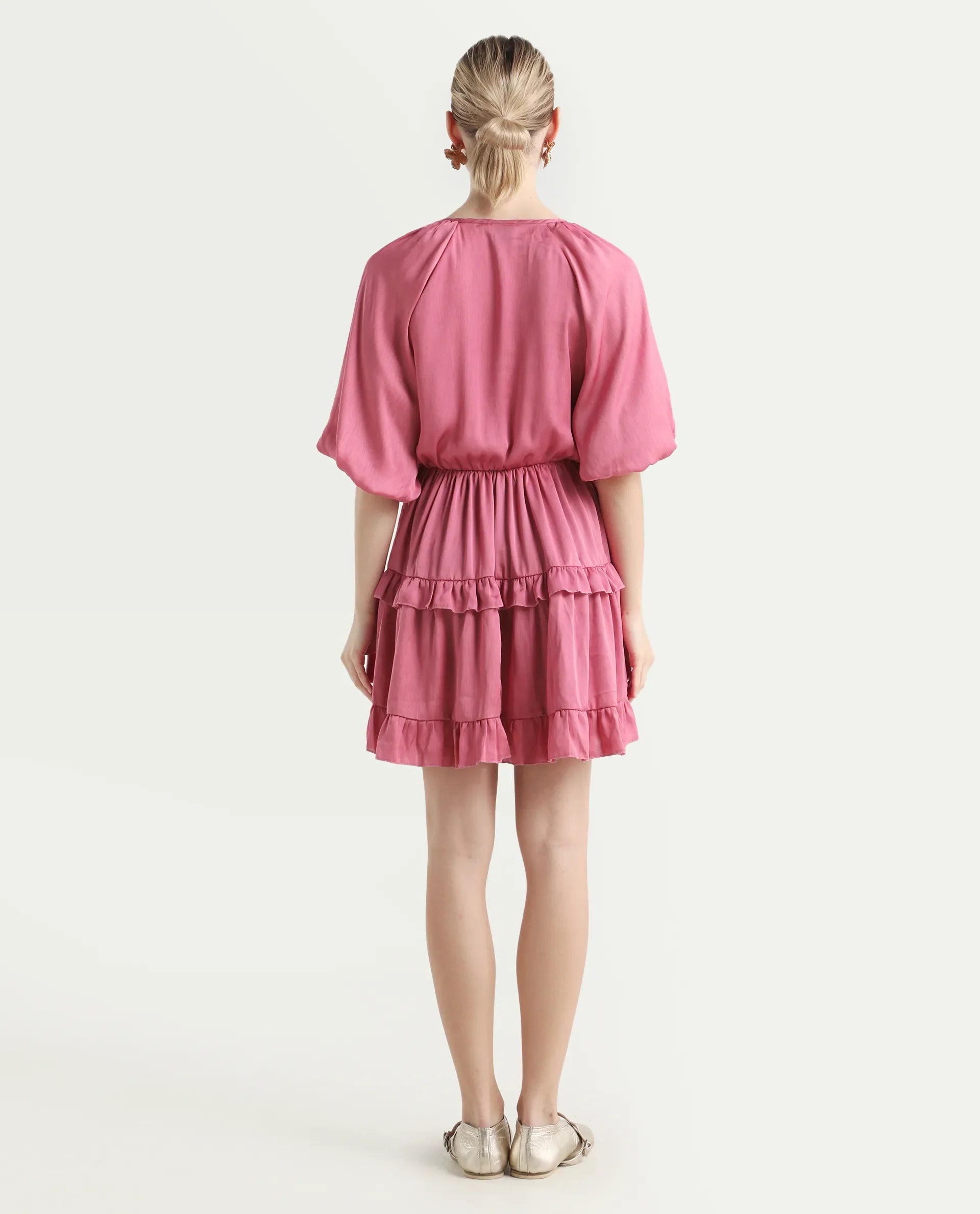 Rareism Women's Zeke Pink Polyester Tie-Up Neck Plain Raglan Sleeve Mini Regular Fit Dress