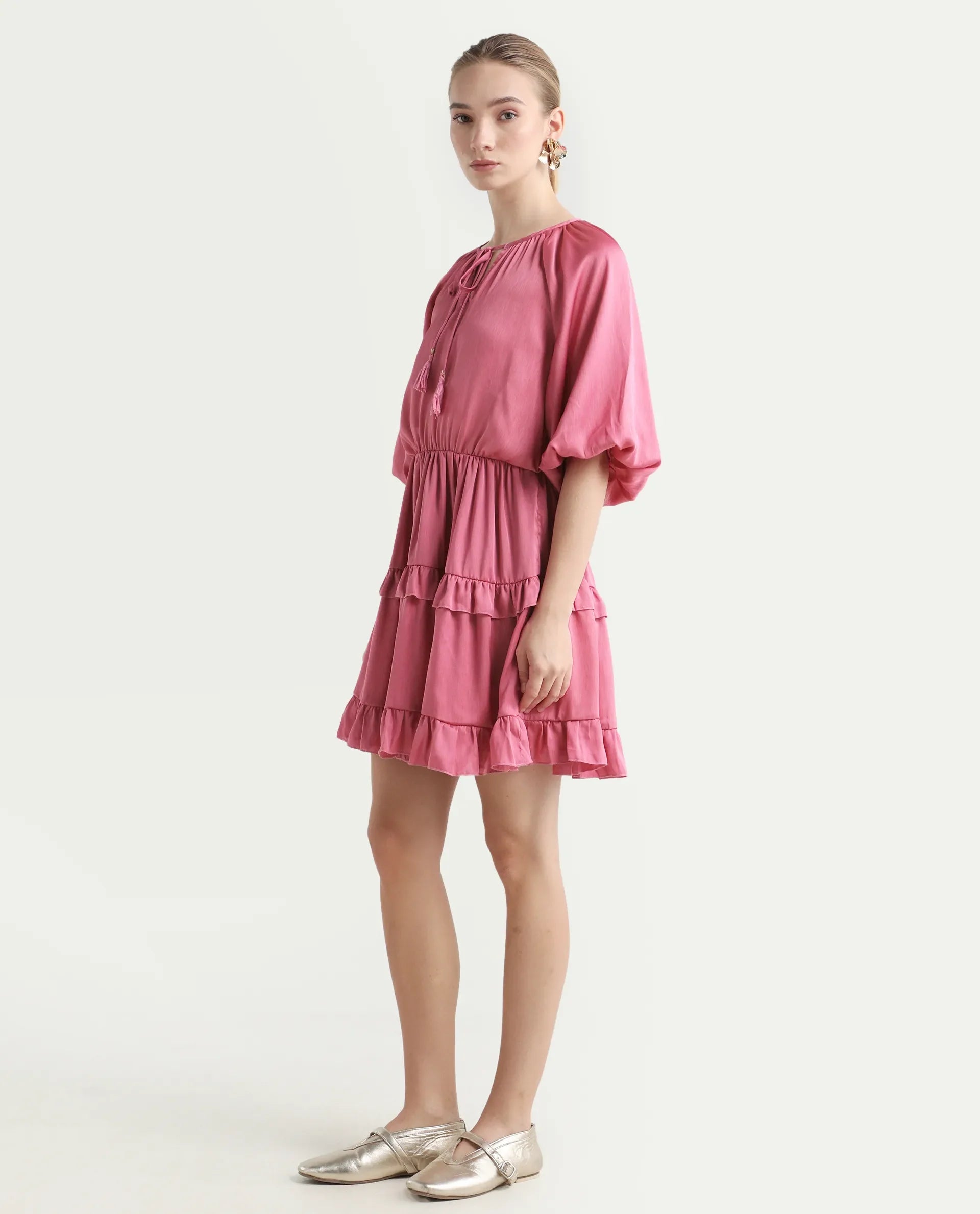 Rareism Women's Zeke Pink Polyester Tie-Up Neck Plain Raglan Sleeve Mini Regular Fit Dress