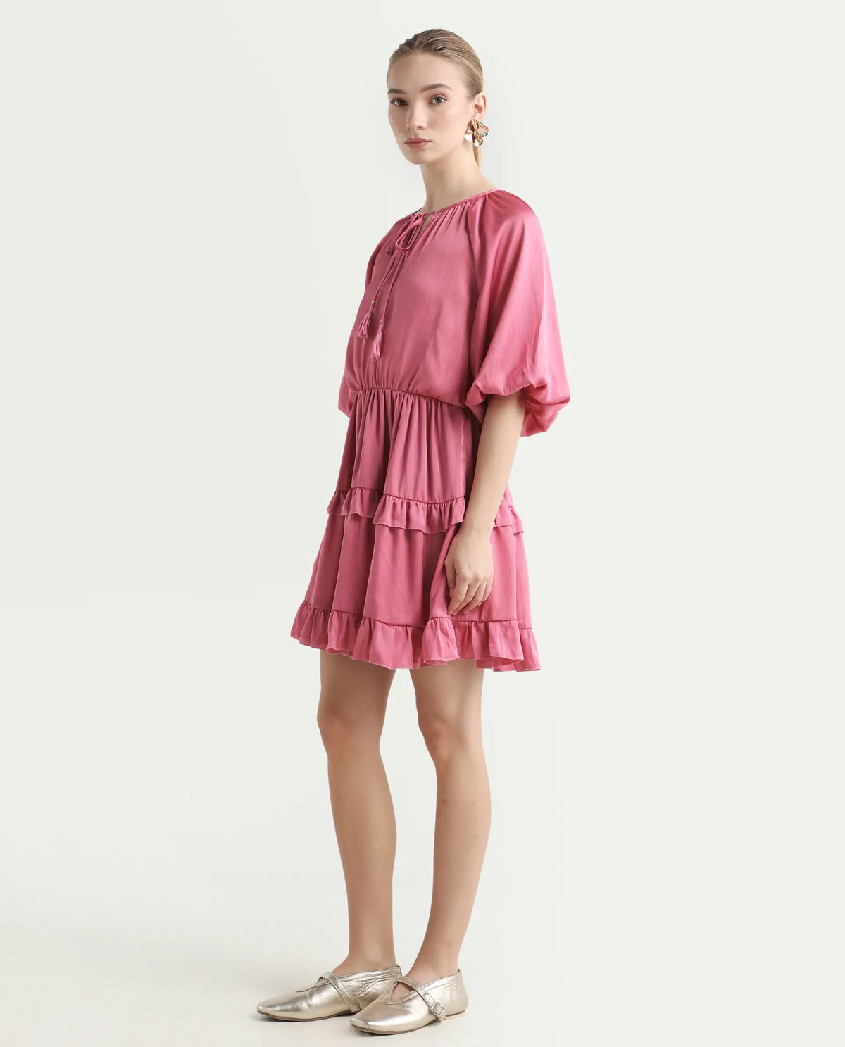 Rareism Women's Zeke Pink Polyester Tie-Up Neck Plain Raglan Sleeve Mini Regular Fit Dress
