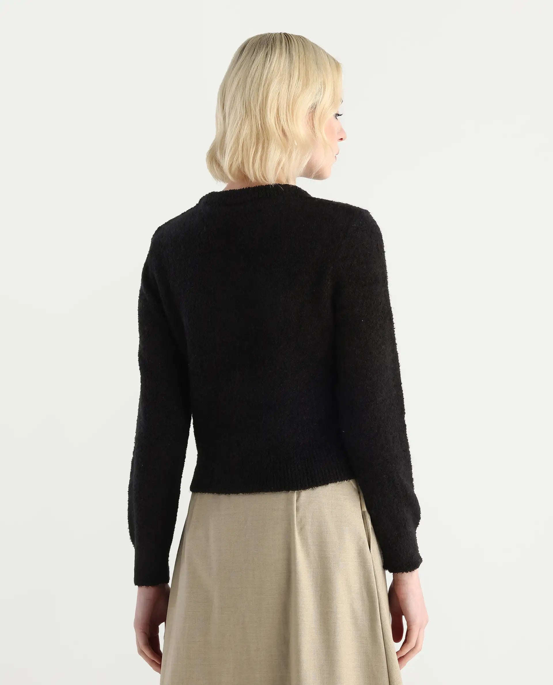 Rareism Women's Zer Black Acrylic Blend Crew Neck Regular Fit Cardigan