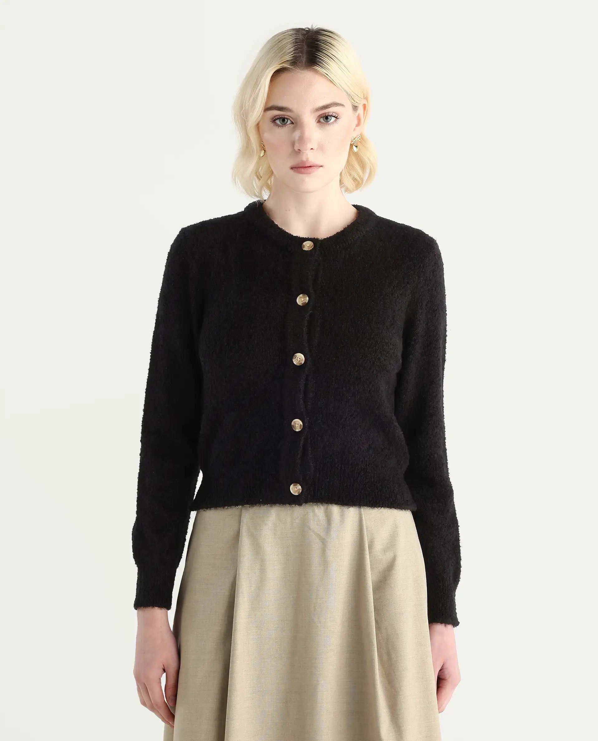 Rareism Women's Zer Black Acrylic Blend Crew Neck Regular Fit Cardigan