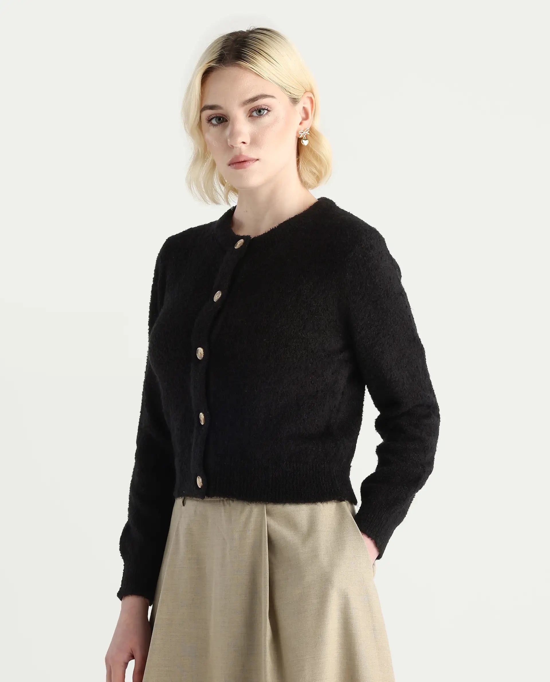 Rareism Women's Zer Black Acrylic Blend Crew Neck Regular Fit Cardigan