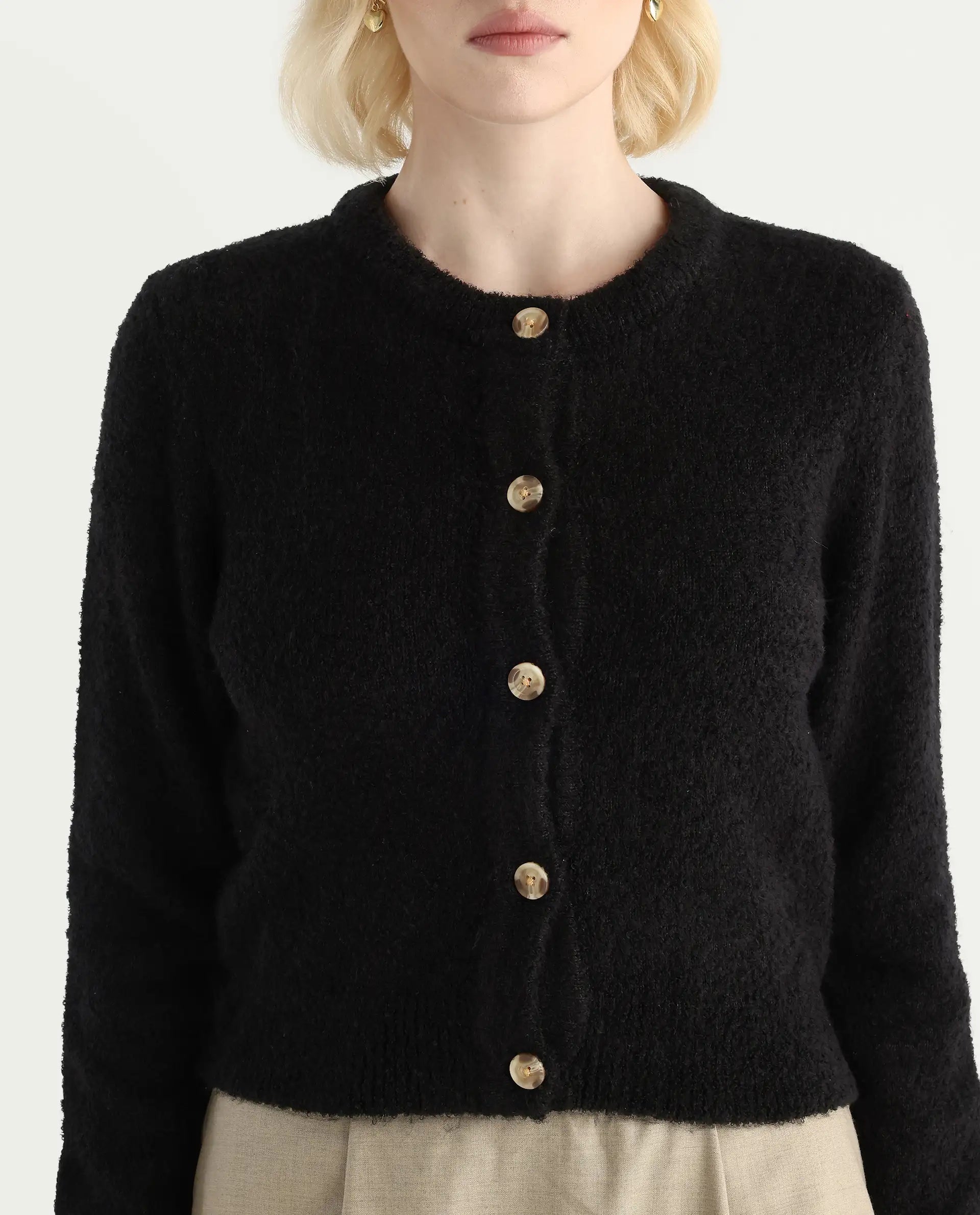 Rareism Women's Zer Black Acrylic Blend Crew Neck Regular Fit Cardigan