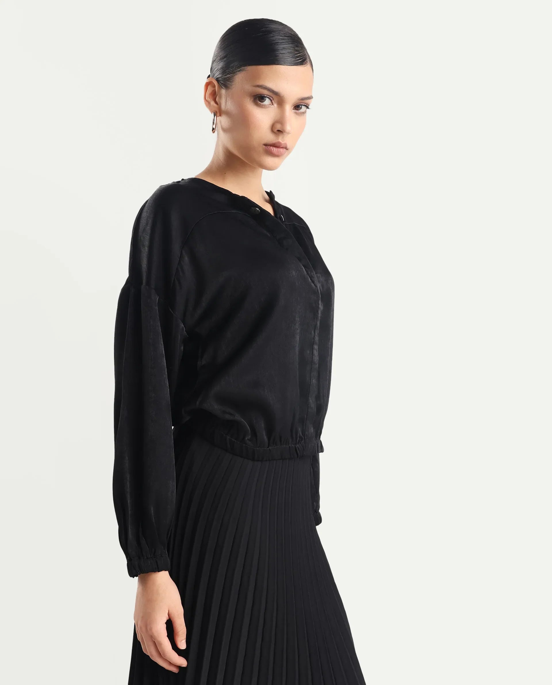 Rareism Women's Zerra Black Satin Crew Neck Plain Bishop Sleeve Relaxed Fit Top