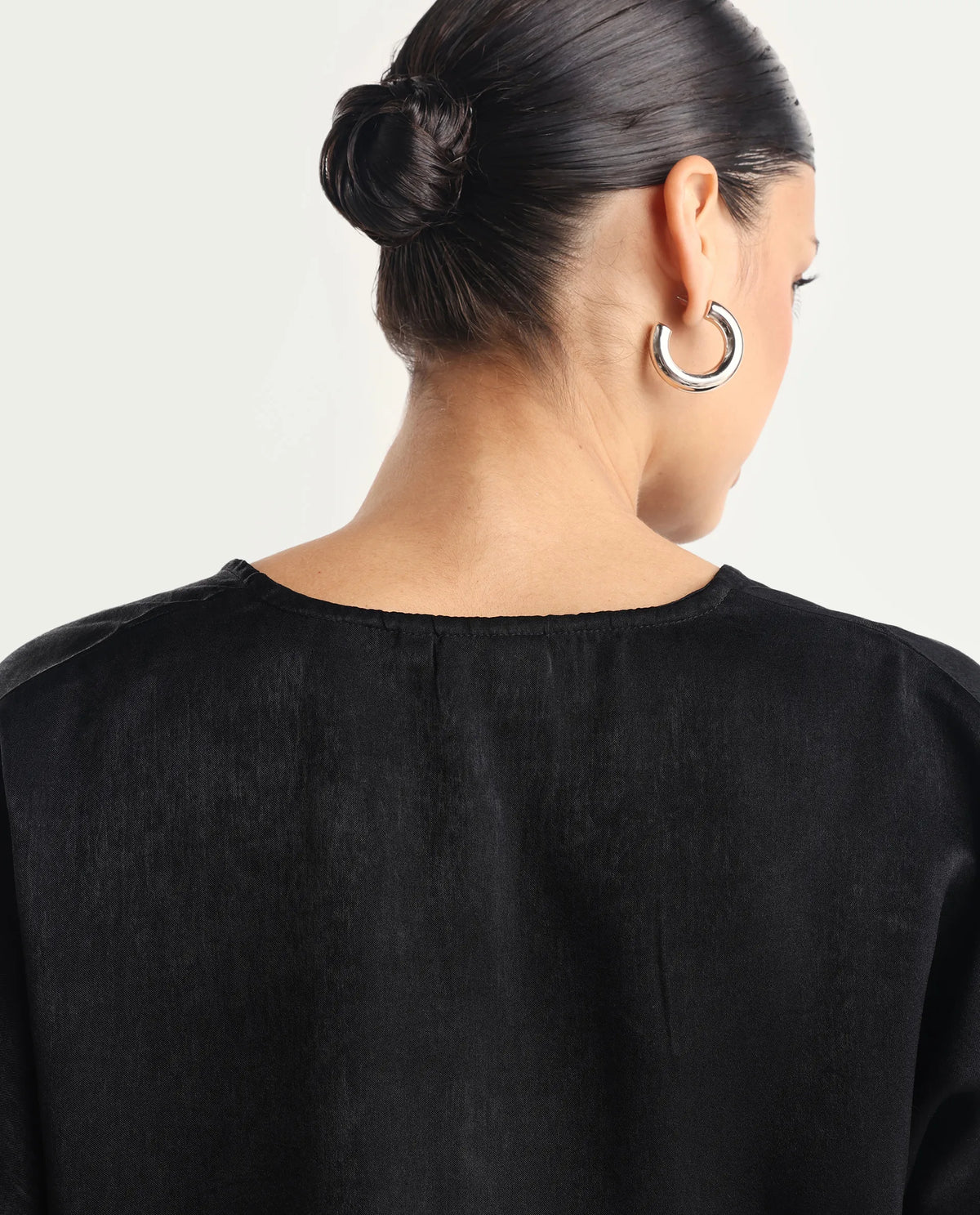 Rareism Women's Zerra Black Satin Crew Neck Plain Bishop Sleeve Relaxed Fit Top