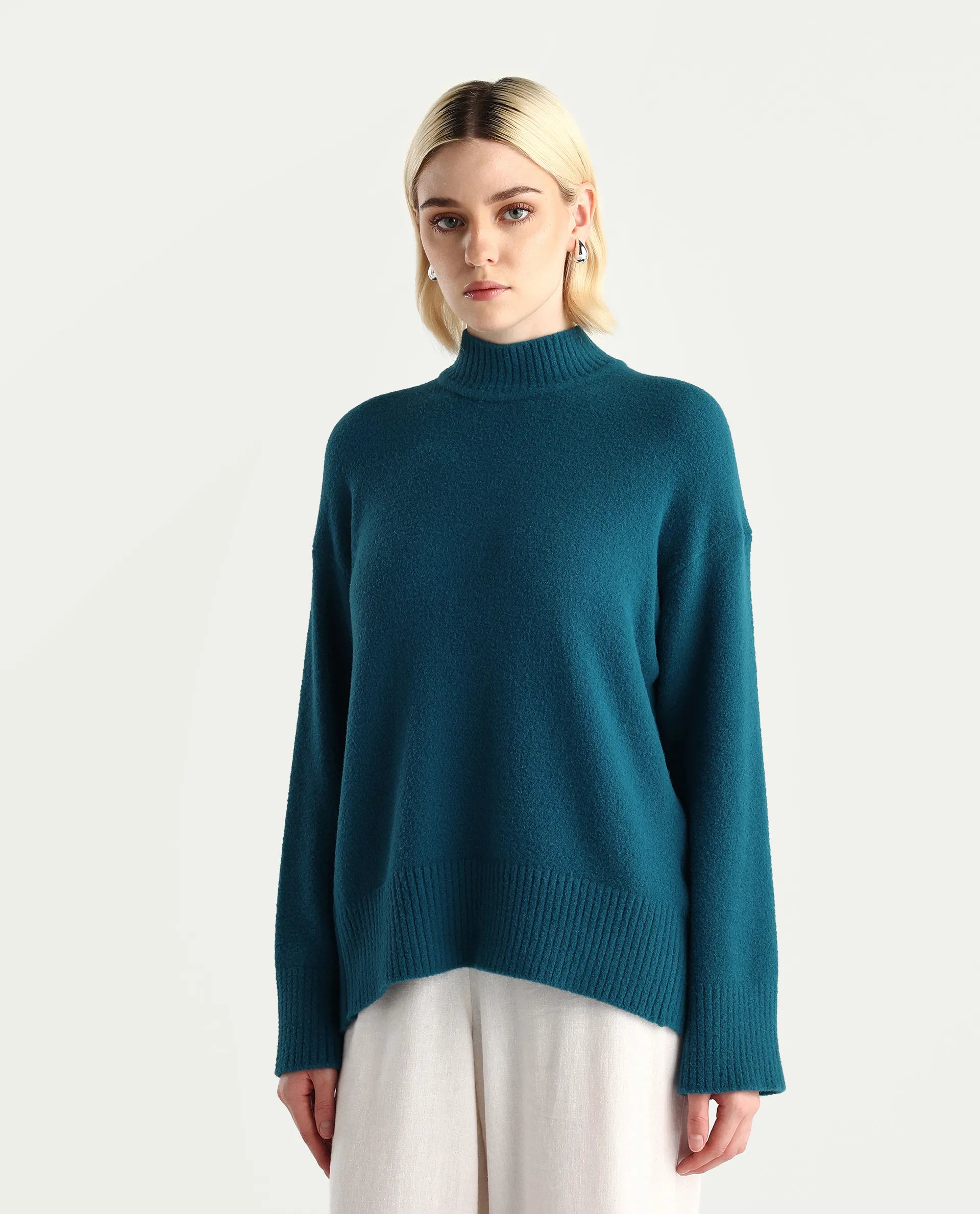 Rareism Women's Zilli Dark Petrol Nylon High Neck Oversize Fit Sweater