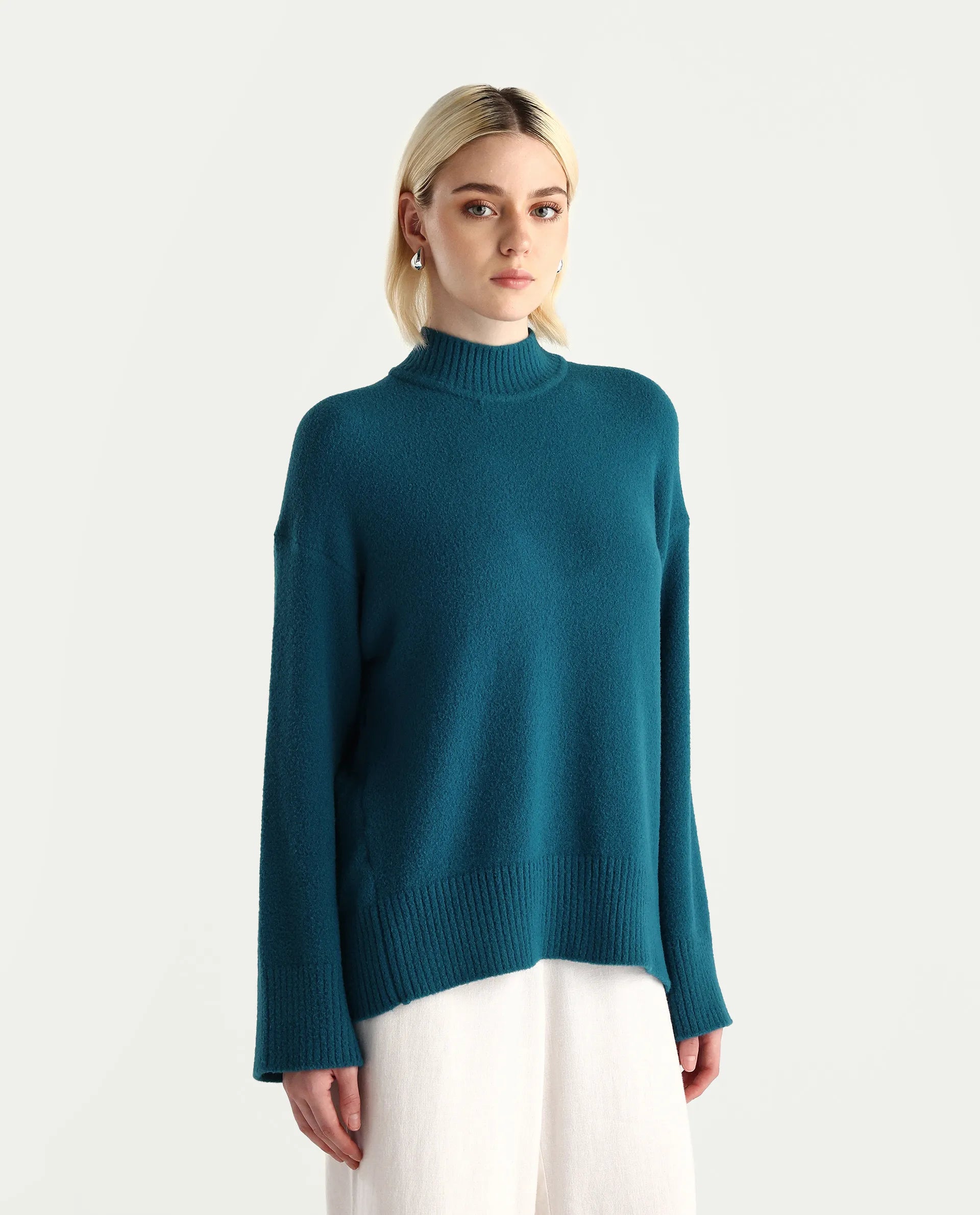 Rareism Women's Zilli Dark Petrol Nylon High Neck Oversize Fit Sweater Oversize