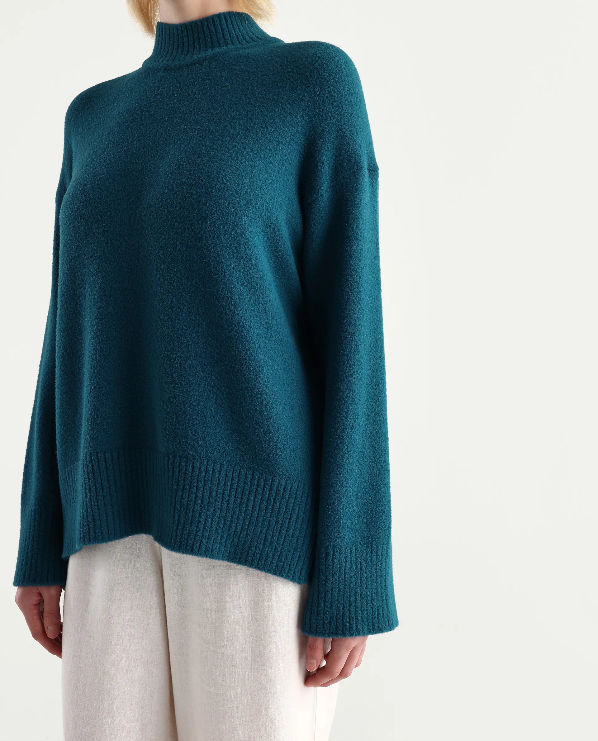 Rareism Women's Zilli Dark Petrol Nylon High Neck Oversize Fit Sweater