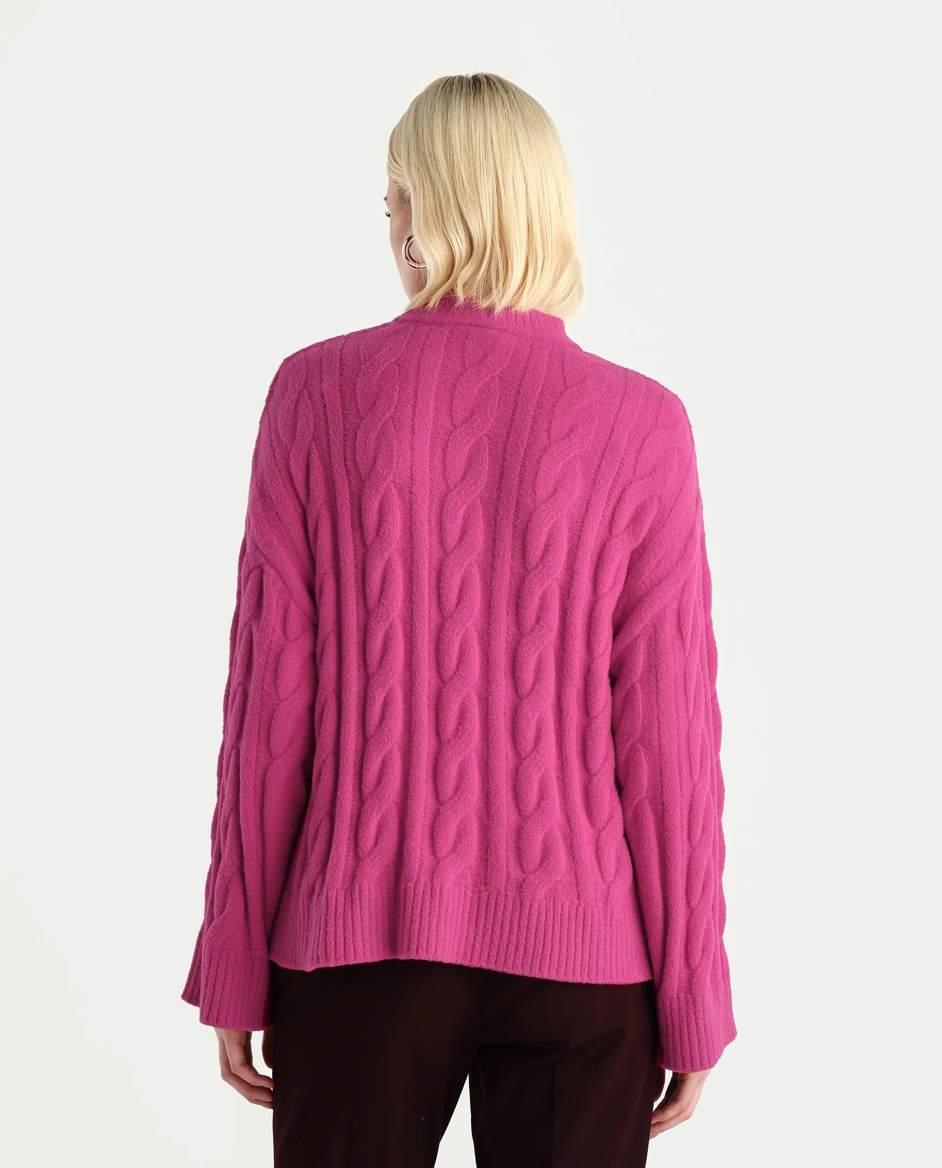 Rareism Women's Ziv Dark Pink Nylon High Neck Oversize Fit Sweater