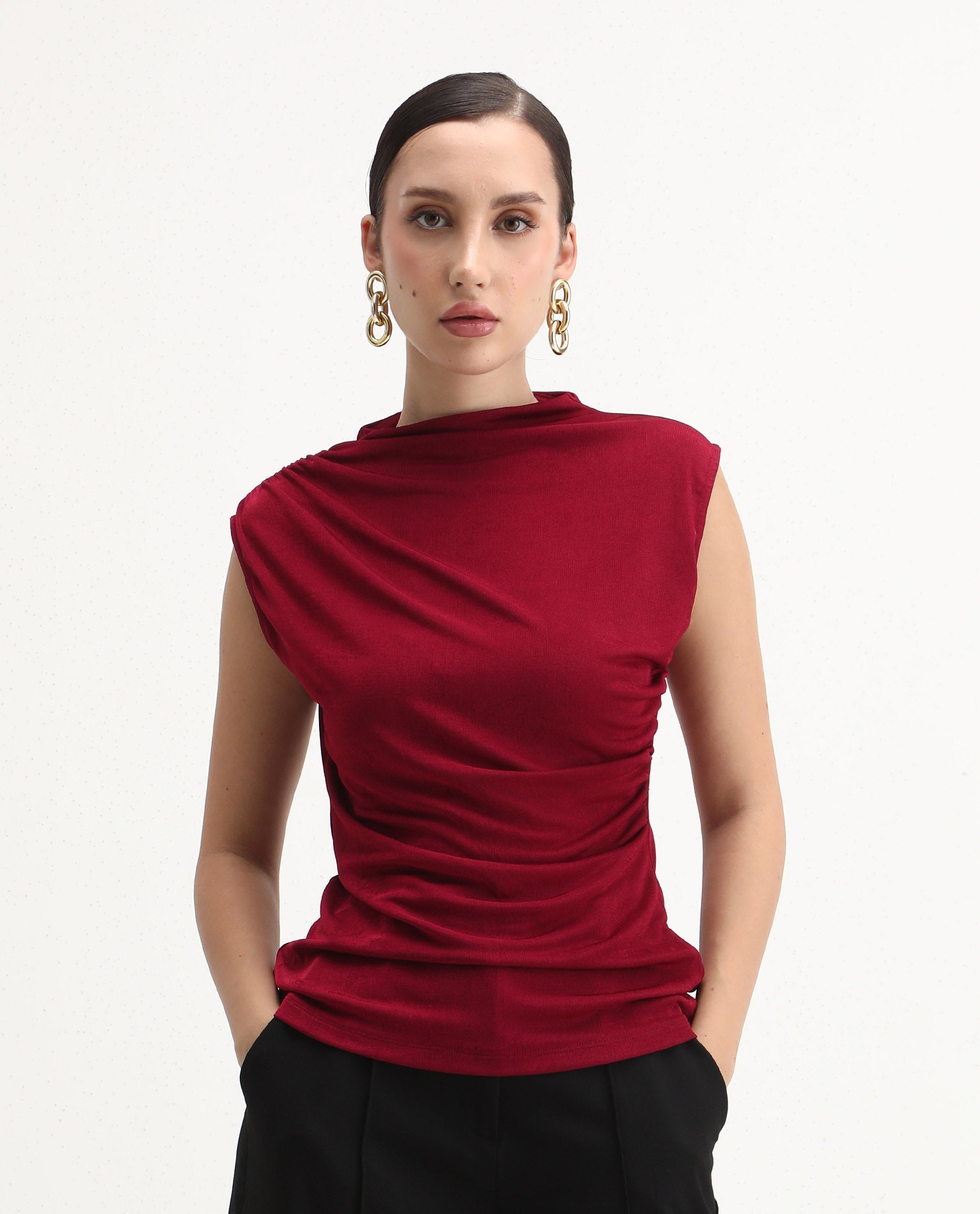 Rareism Women's Zoptus Dark Red Cotton High Neck Regular Fit Plain Top