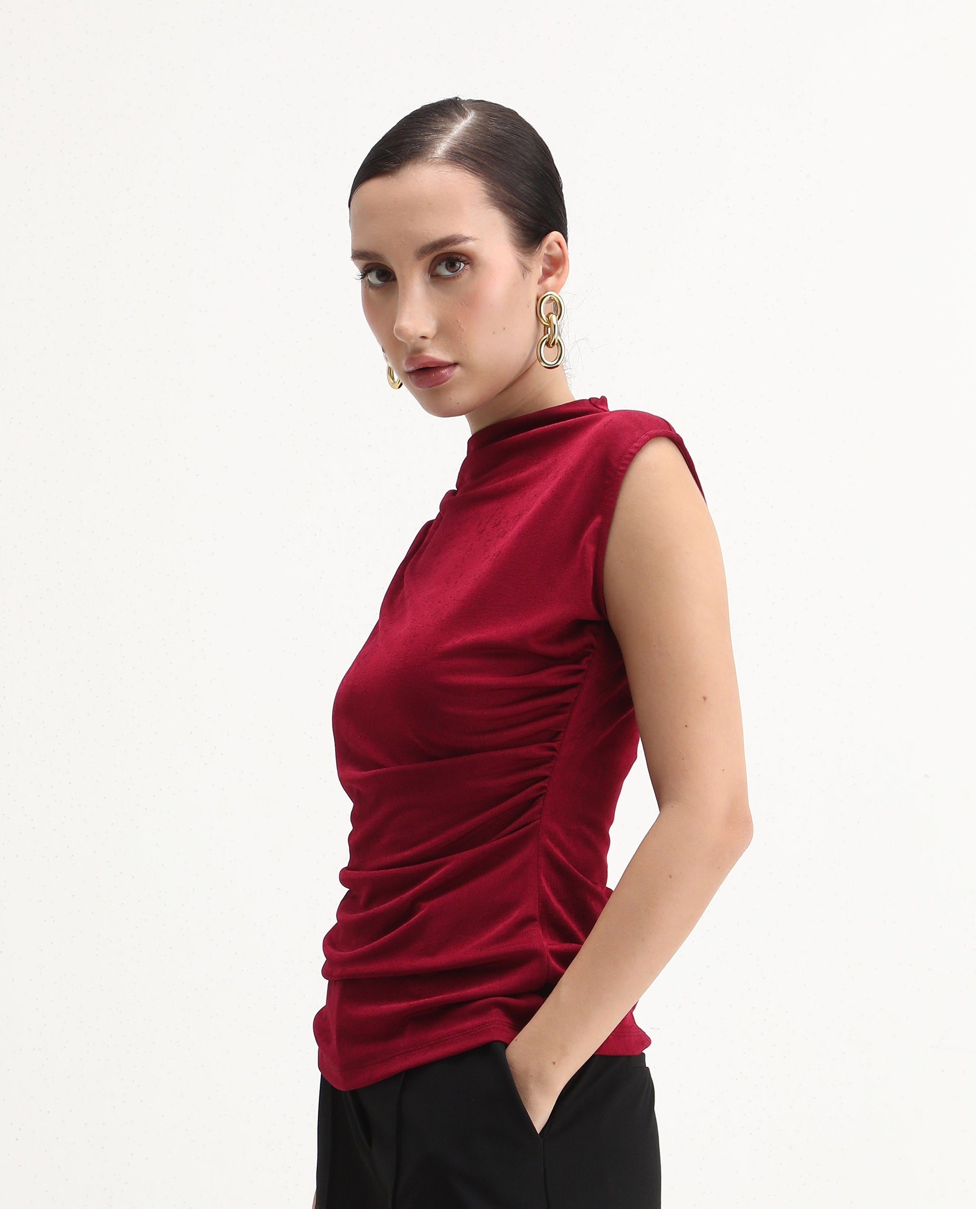 Rareism Women's Zoptus Dark Red Cotton High Neck Regular Fit Plain Top