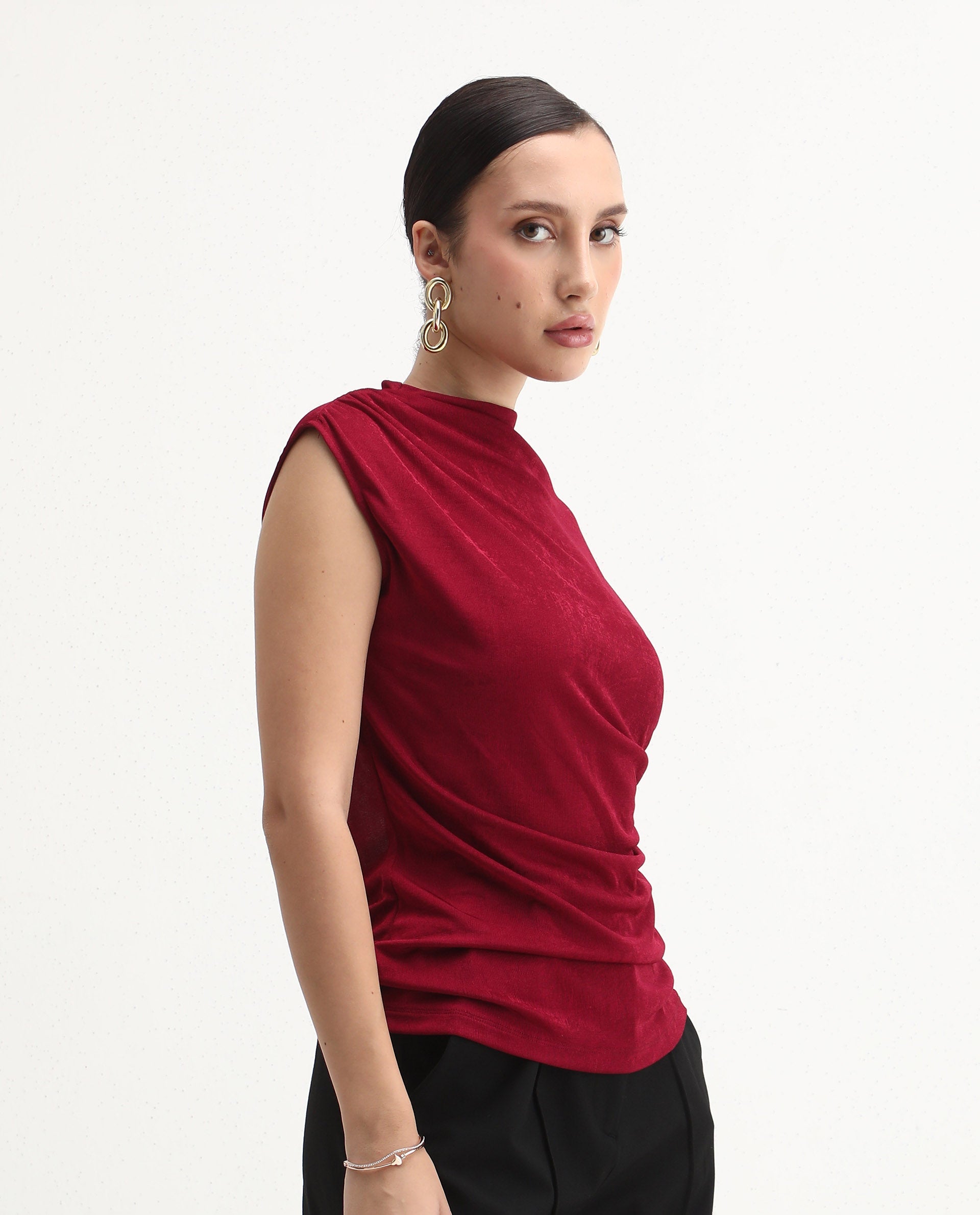 Rareism Women's Zoptus Dark Red Cotton High Neck Regular Fit Plain Top