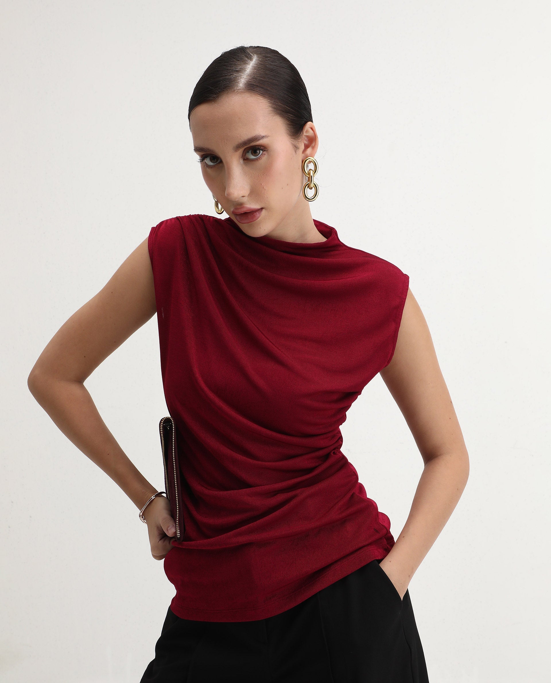 Rareism Women's Zoptus Dark Red Cotton High Neck Regular Fit Plain Top