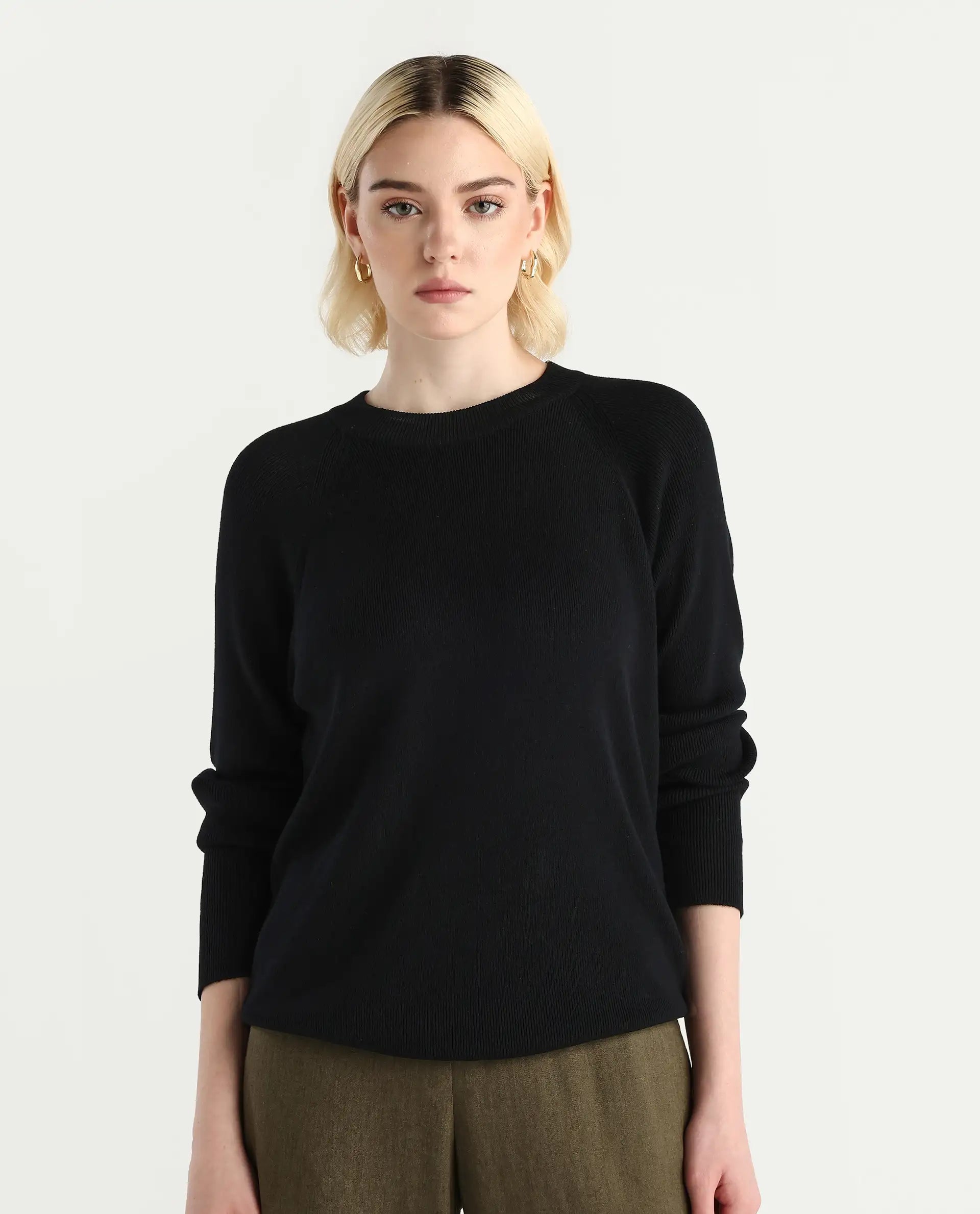 Rareism Women's Zora Black Viscose Blend Crew Neck Relaxed Fit Sweater