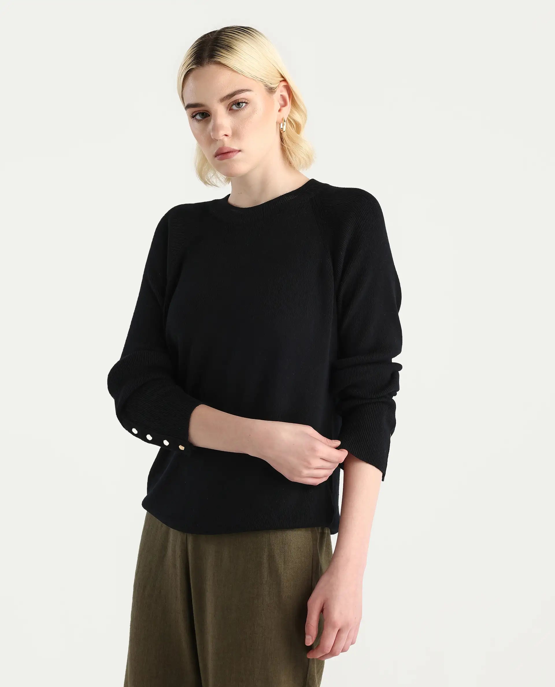 Rareism Women's Zora Black Viscose Blend Crew Neck Relaxed Fit Sweater